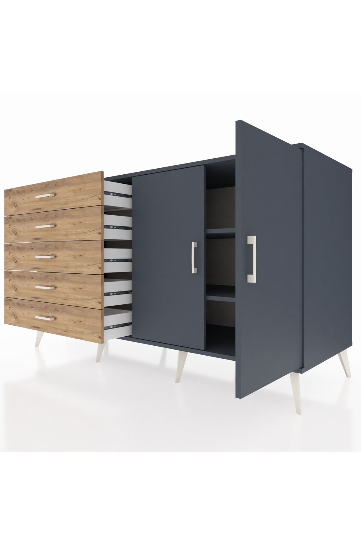 Kronos Konsol 2 Raflı 5 Çekmeceli 2 Kapaklı 176x59x99 Antrasit-Antrasit/Çam