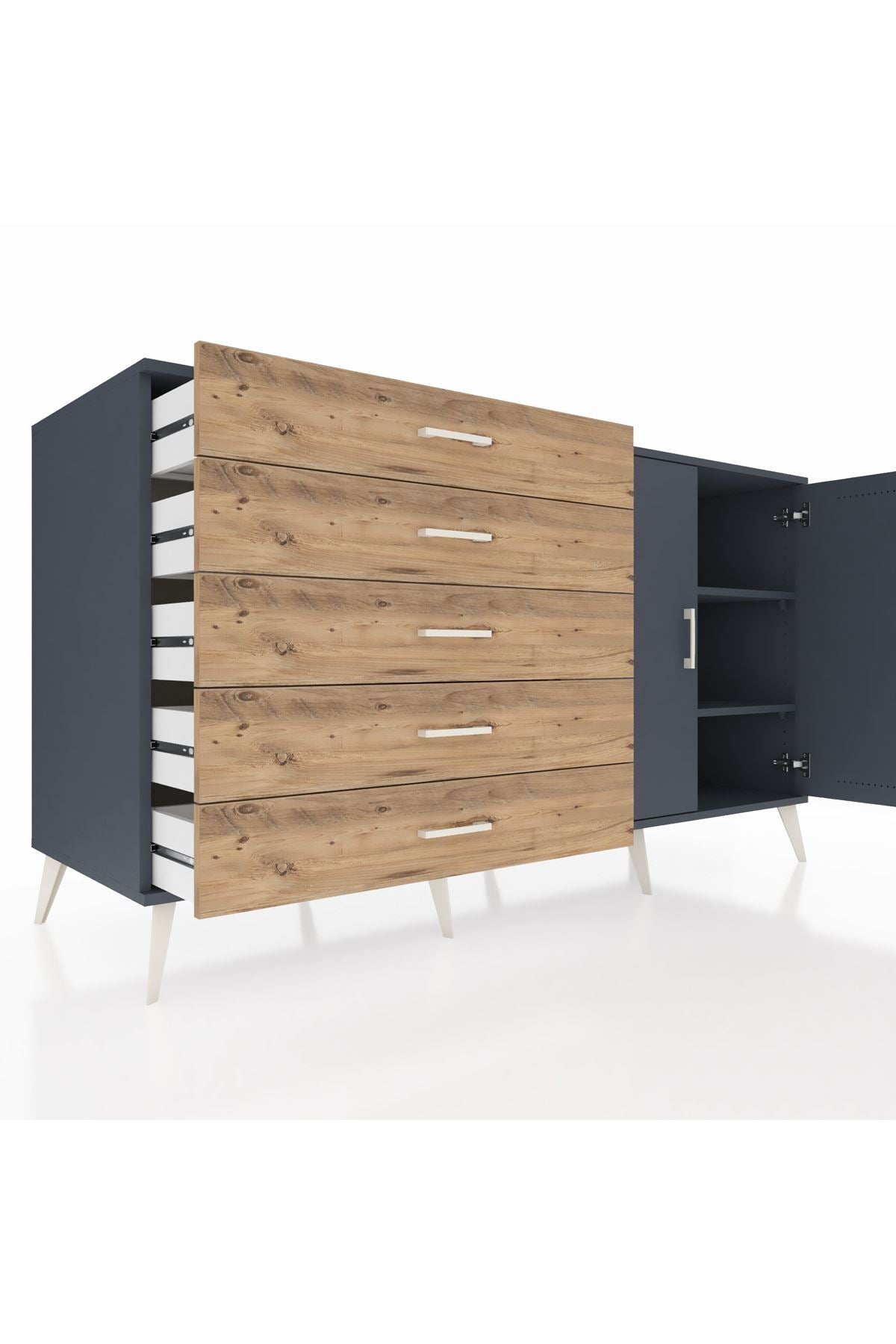 Kronos Konsol 2 Raflı 5 Çekmeceli 2 Kapaklı 176x59x99 Antrasit-Antrasit/Çam