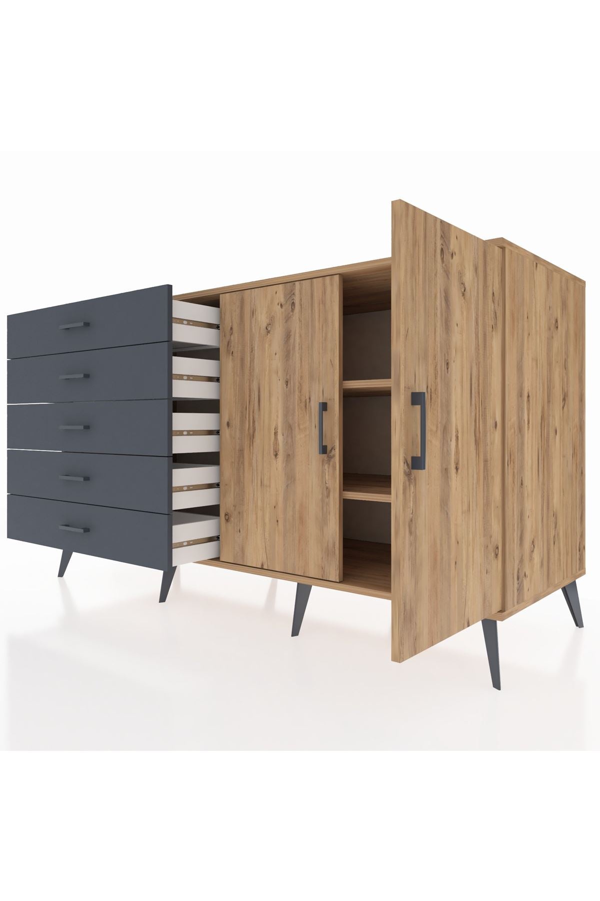 Kronos Konsol 2 Raflı 5 Çekmeceli 2 Kapaklı 176x59x99 Çam-Çam/Antrasit