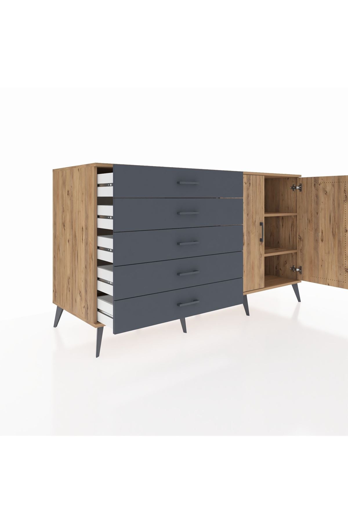 Kronos Konsol 2 Raflı 5 Çekmeceli 2 Kapaklı 176x59x99 Çam-Çam/Antrasit