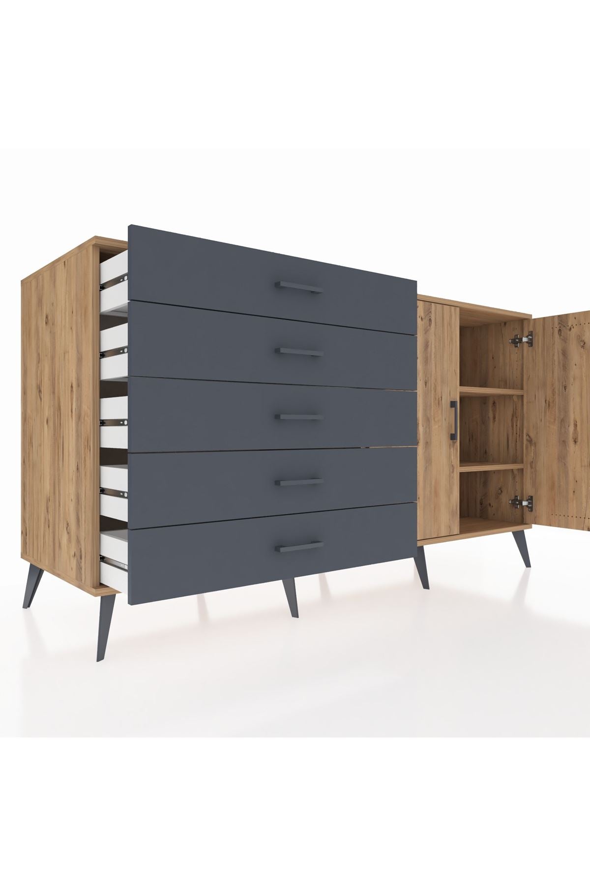 Kronos Konsol 2 Raflı 5 Çekmeceli 2 Kapaklı 176x59x99 Çam-Çam/Antrasit