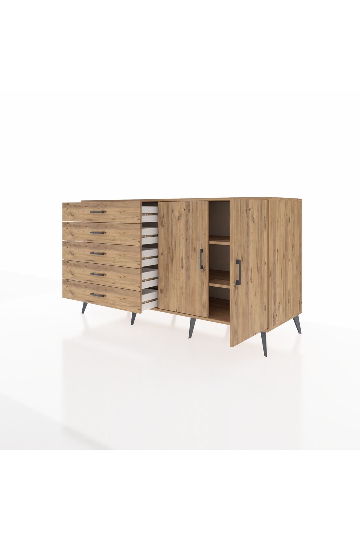 Kronos Konsol 2 Raflı 5 Çekmeceli 2 Kapaklı 176x59x99 Çam-Çam