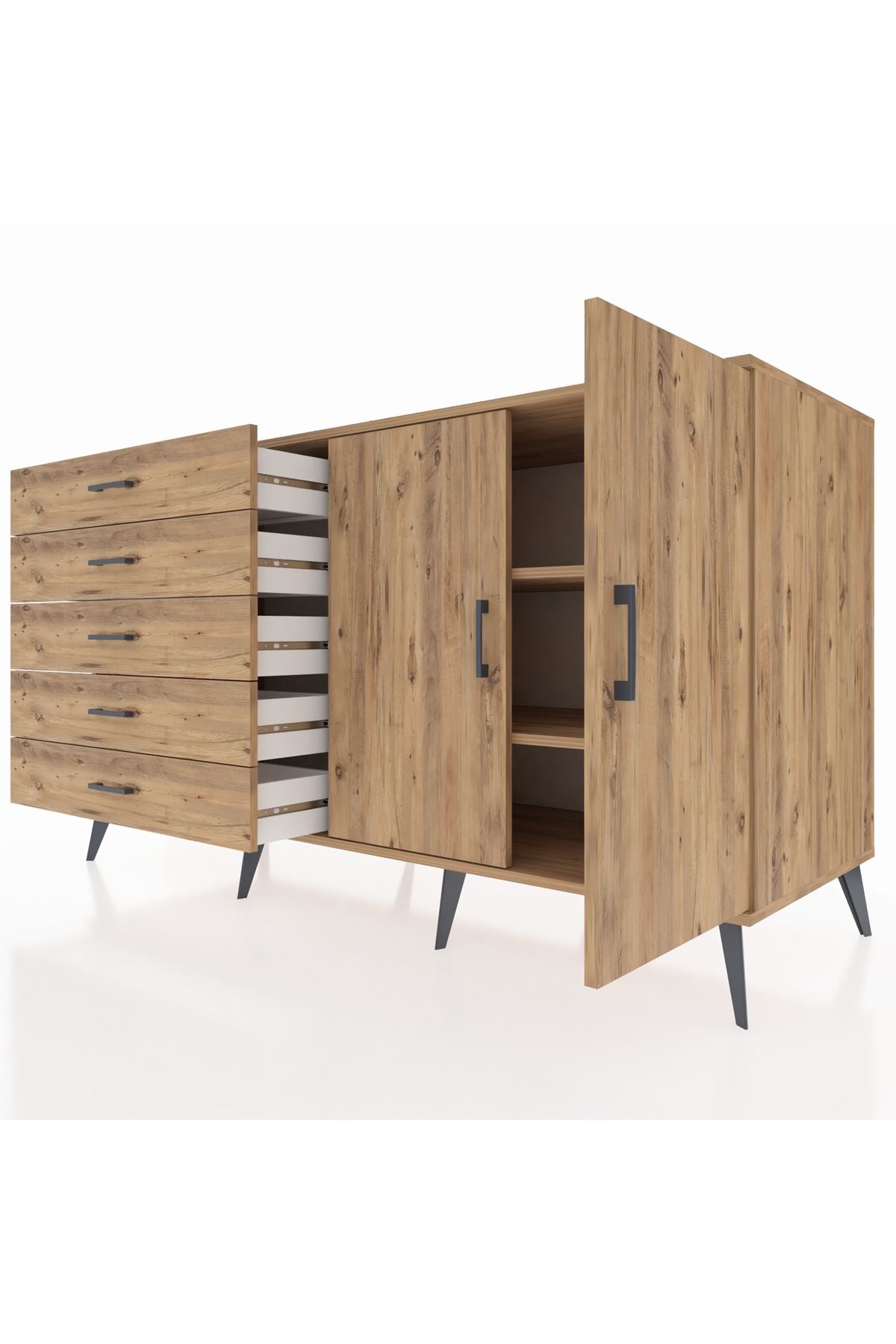 Kronos Konsol 2 Raflı 5 Çekmeceli 2 Kapaklı 176x59x99 Çam-Çam