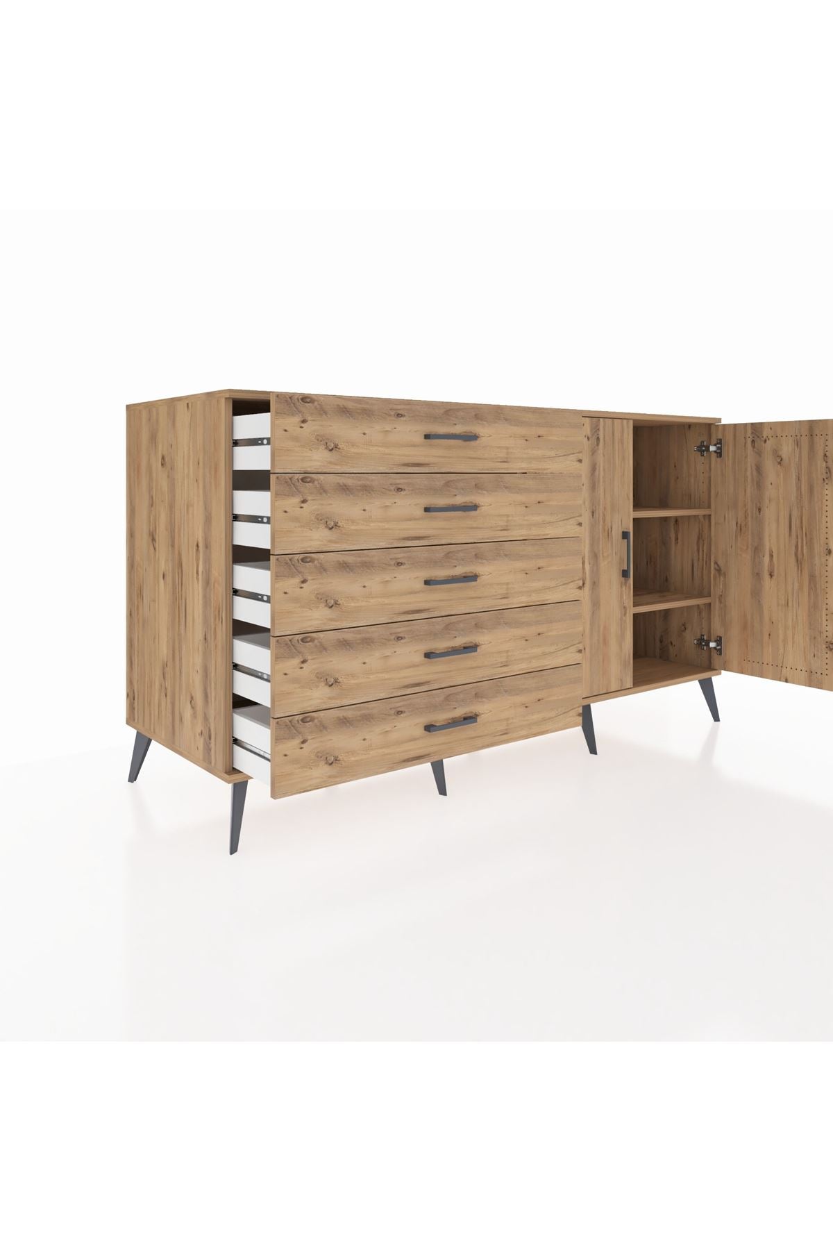 Kronos Konsol 2 Raflı 5 Çekmeceli 2 Kapaklı 176x59x99 Çam-Çam