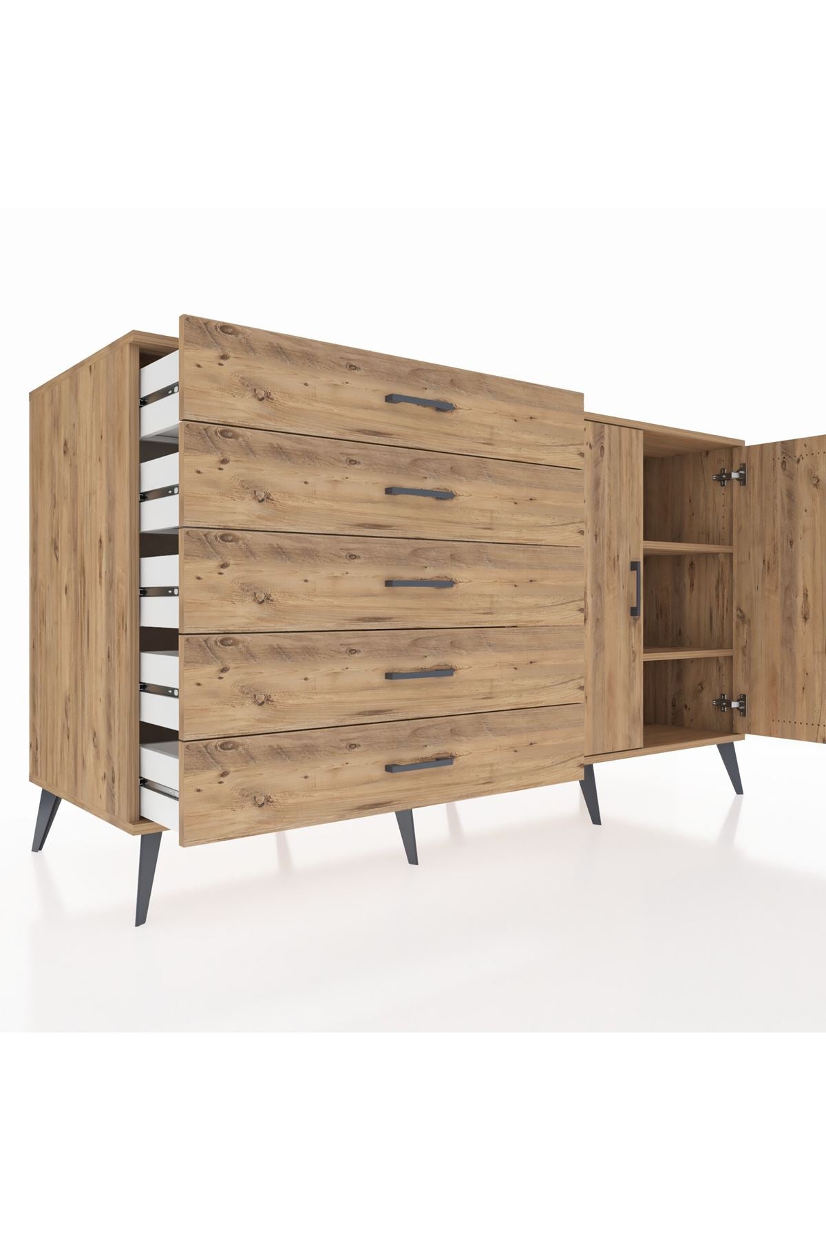 Kronos Konsol 2 Raflı 5 Çekmeceli 2 Kapaklı 176x59x99 Çam-Çam