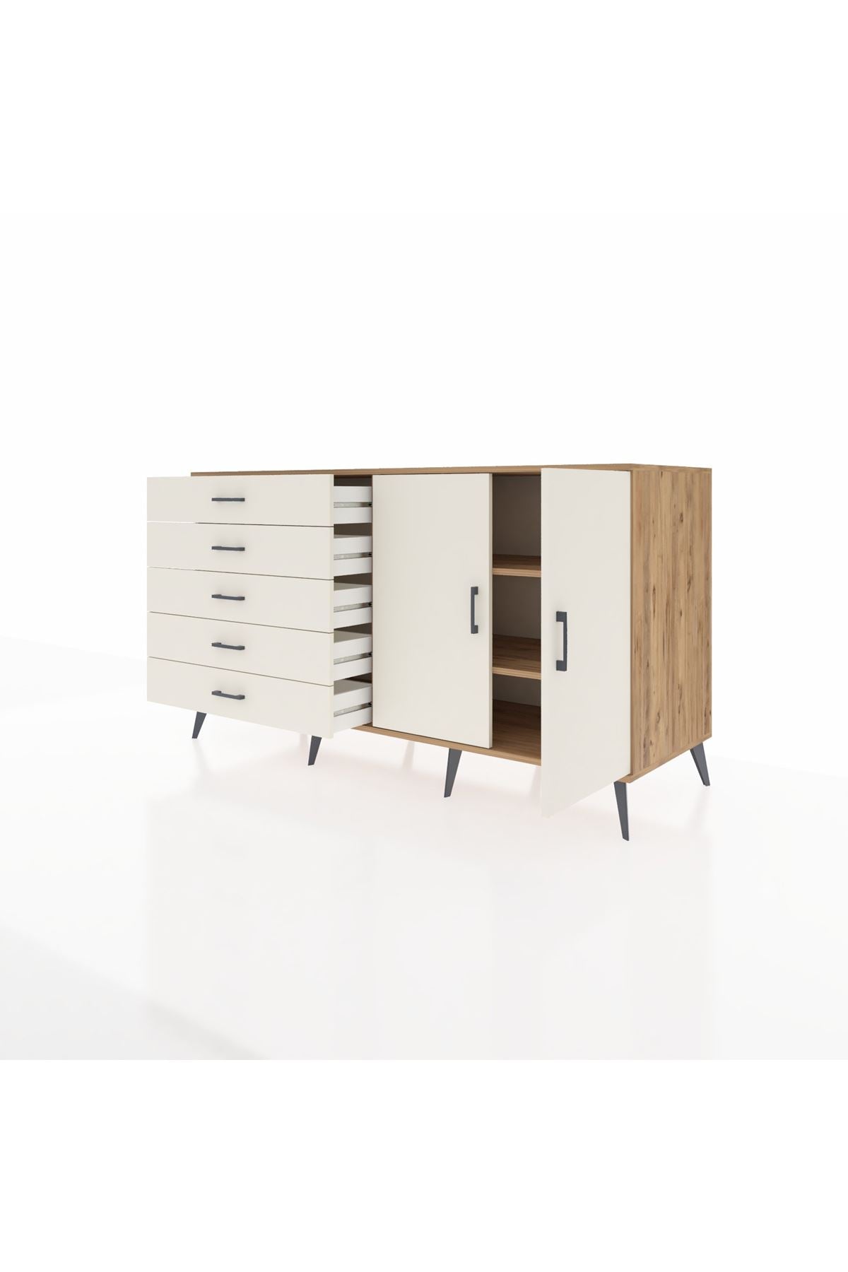 Kronos Konsol 2 Raflı 5 Çekmeceli 2 Kapaklı 176x59x99 Çam-Aytaşı