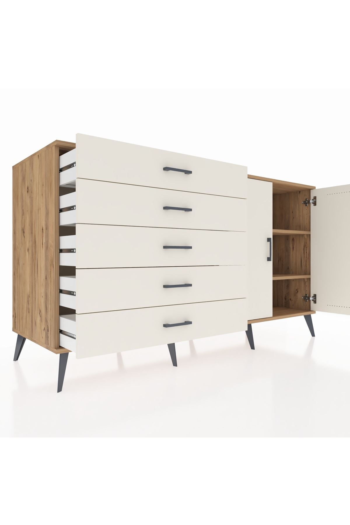 Kronos Konsol 2 Raflı 5 Çekmeceli 2 Kapaklı 176x59x99 Çam-Aytaşı