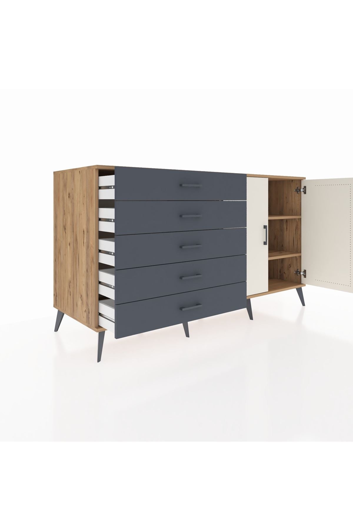 Kronos Konsol 2 Raflı 5 Çekmeceli 2 Kapaklı 176x59x99 Çam-Aytaşı/Antrasit