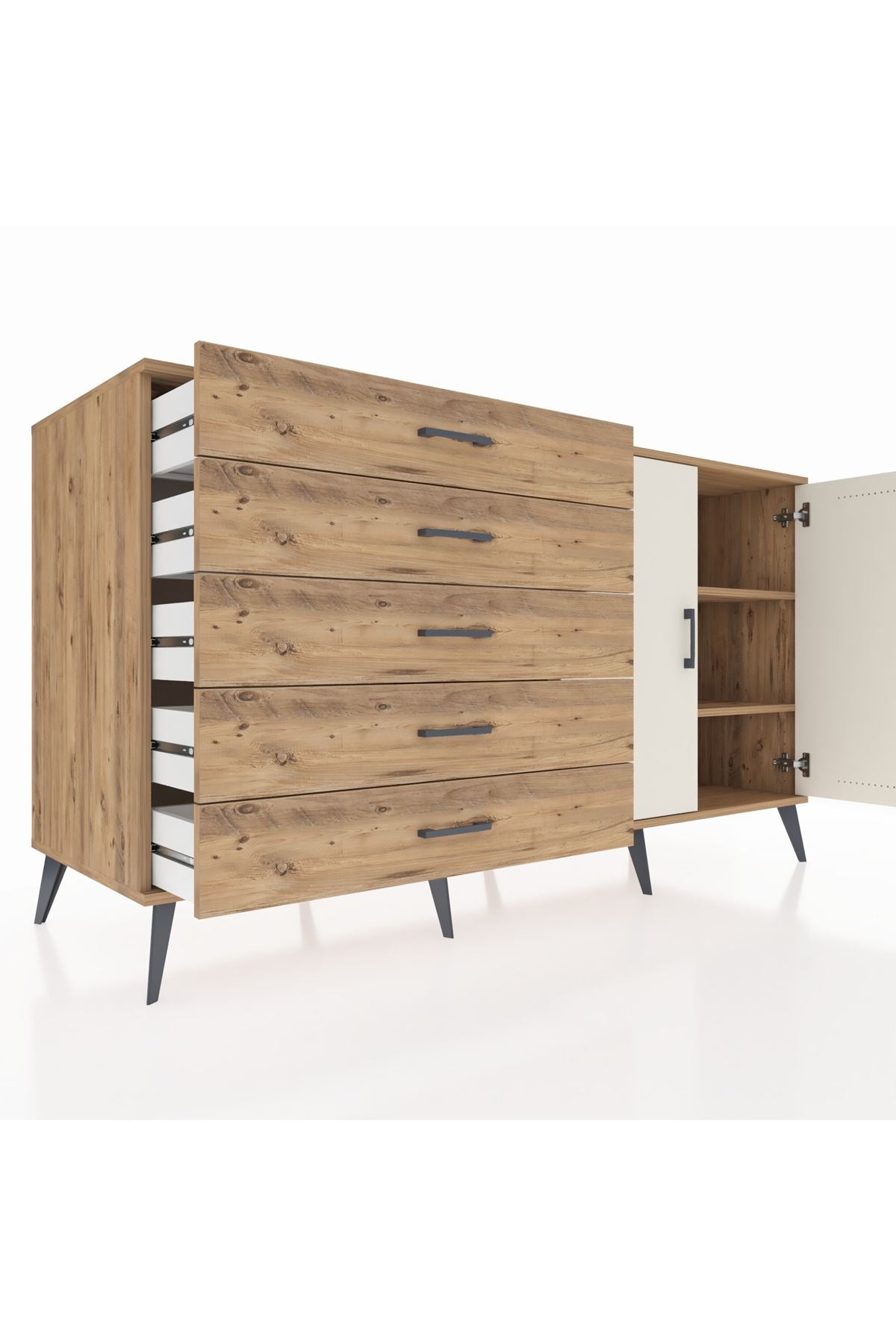 Kronos Konsol 2 Raflı 5 Çekmeceli 2 Kapaklı 176x59x99 Çam-Aytaşı/Çam