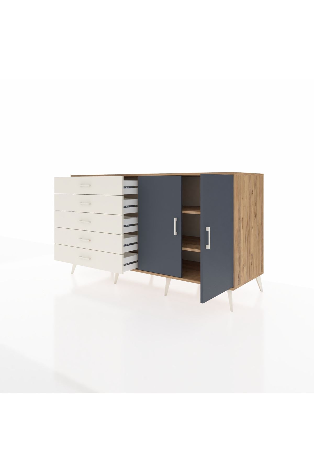 Kronos Konsol 2 Raflı 5 Çekmeceli 2 Kapaklı 176x59x99 Çam-Antrasit/Aytaşı