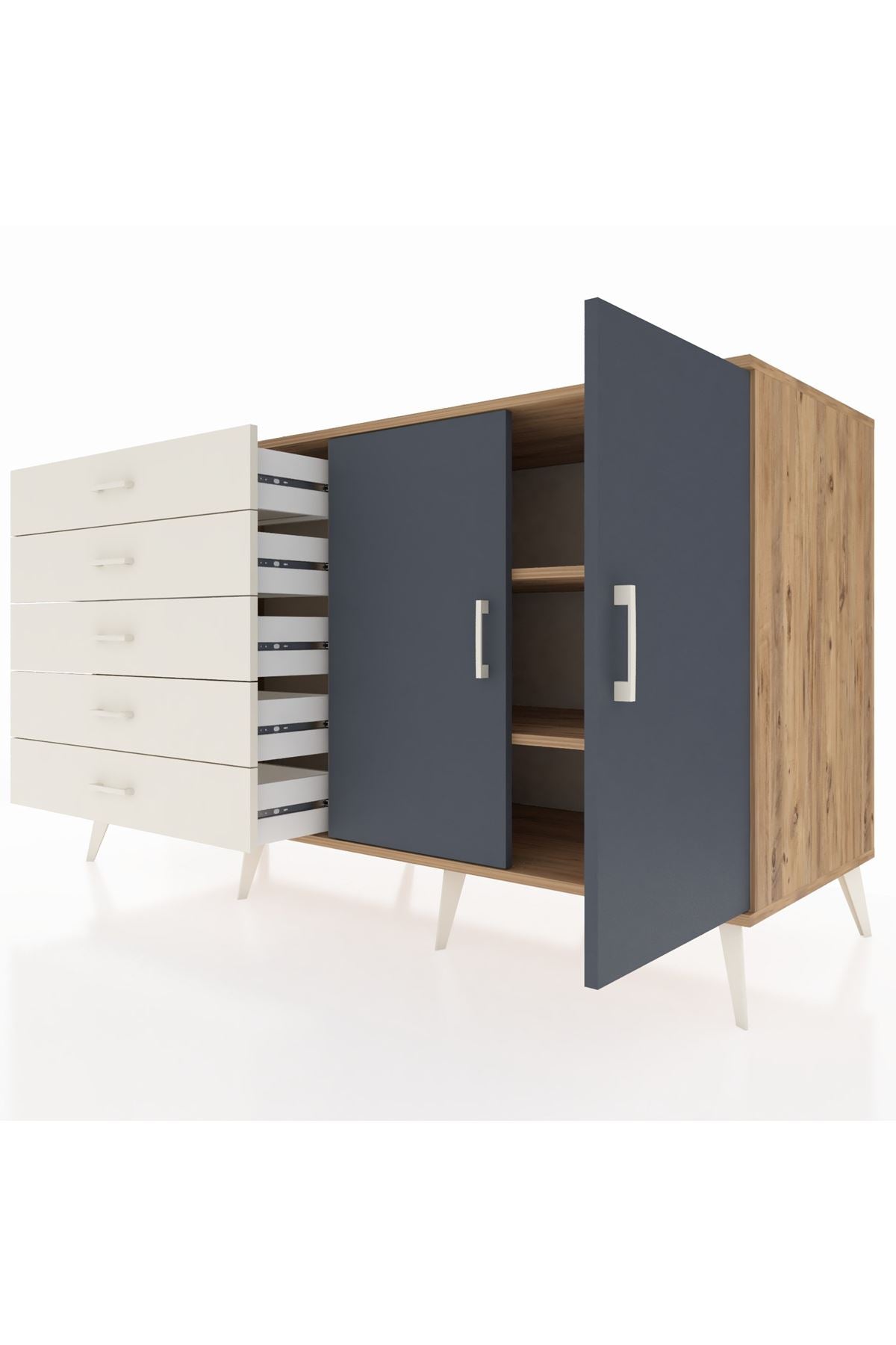 Kronos Konsol 2 Raflı 5 Çekmeceli 2 Kapaklı 176x59x99 Çam-Antrasit/Aytaşı