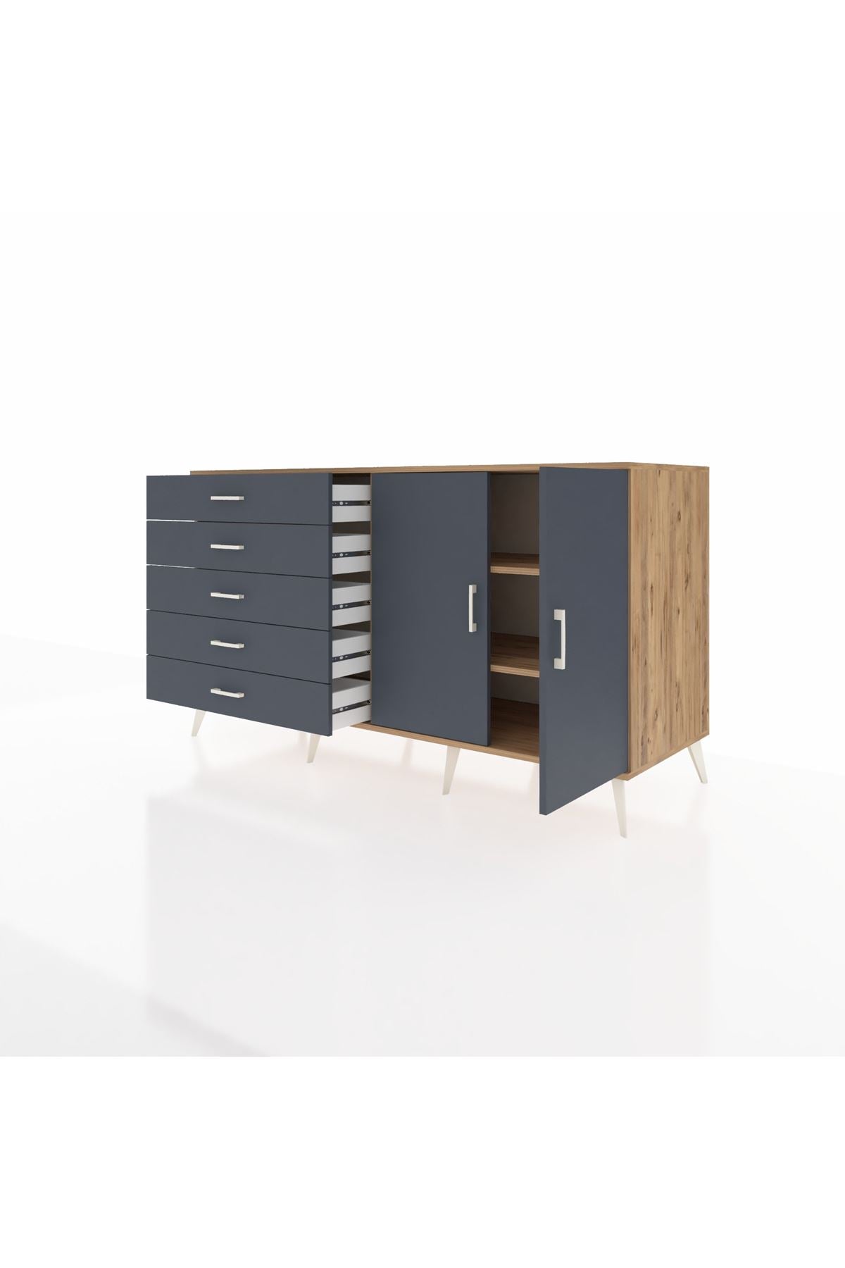 Kronos Konsol 2 Raflı 5 Çekmeceli 2 Kapaklı 176x59x99 Çam-Antrasit