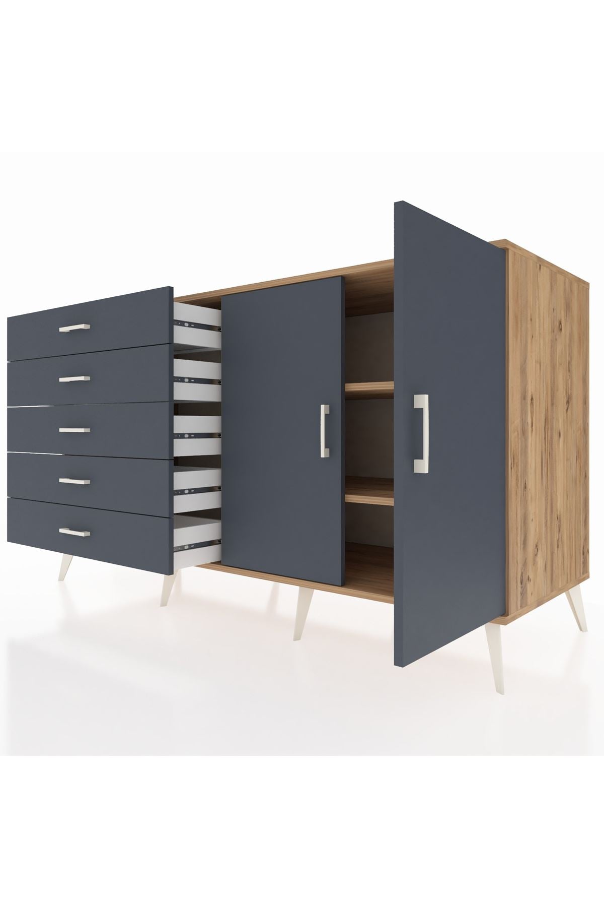 Kronos Konsol 2 Raflı 5 Çekmeceli 2 Kapaklı 176x59x99 Çam-Antrasit