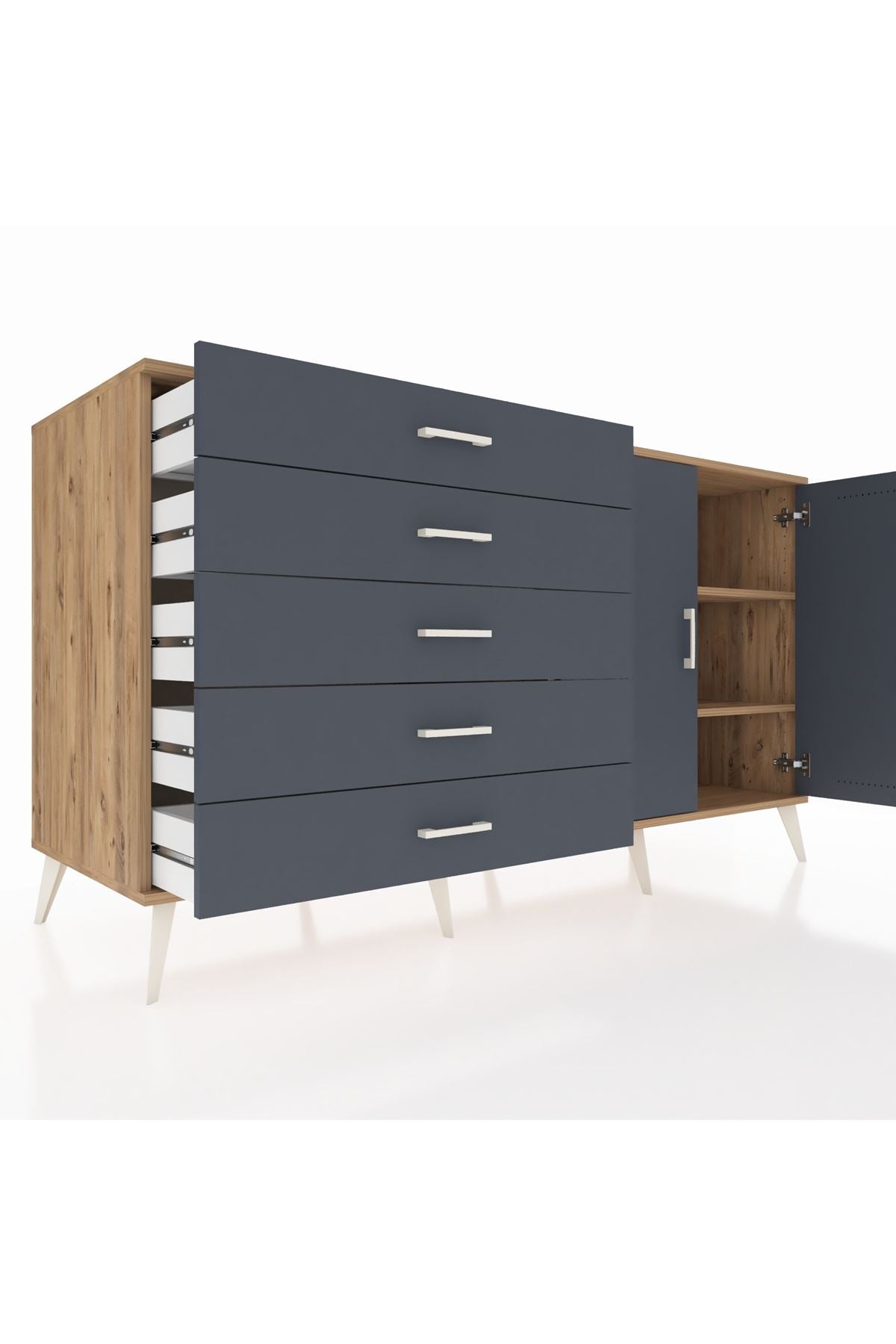 Kronos Konsol 2 Raflı 5 Çekmeceli 2 Kapaklı 176x59x99 Çam-Antrasit