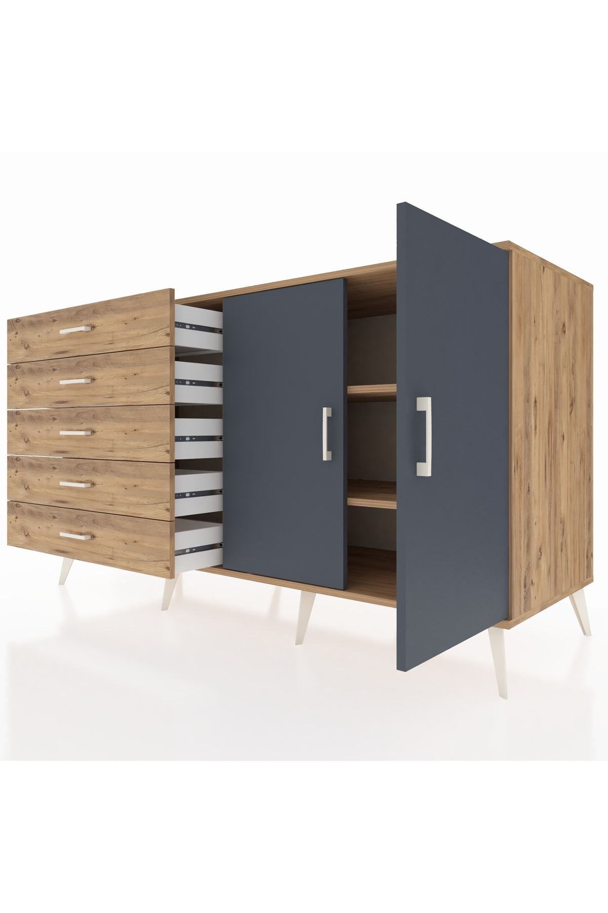 Kronos Konsol 2 Raflı 5 Çekmeceli 2 Kapaklı 176x59x99 Çam-Antrasit/Çam