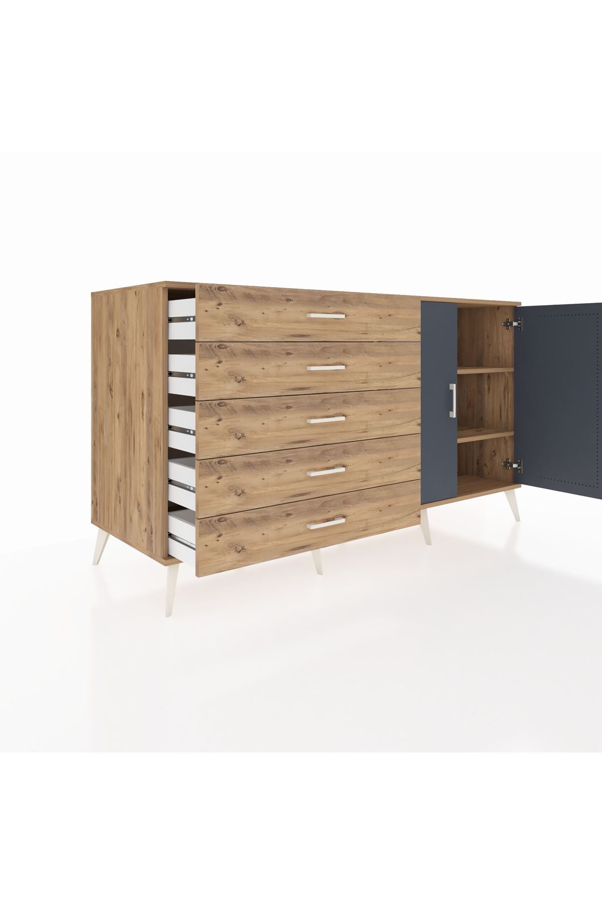 Kronos Konsol 2 Raflı 5 Çekmeceli 2 Kapaklı 176x59x99 Çam-Antrasit/Çam