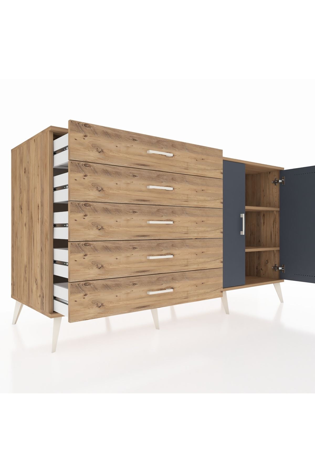 Kronos Konsol 2 Raflı 5 Çekmeceli 2 Kapaklı 176x59x99 Çam-Antrasit/Çam