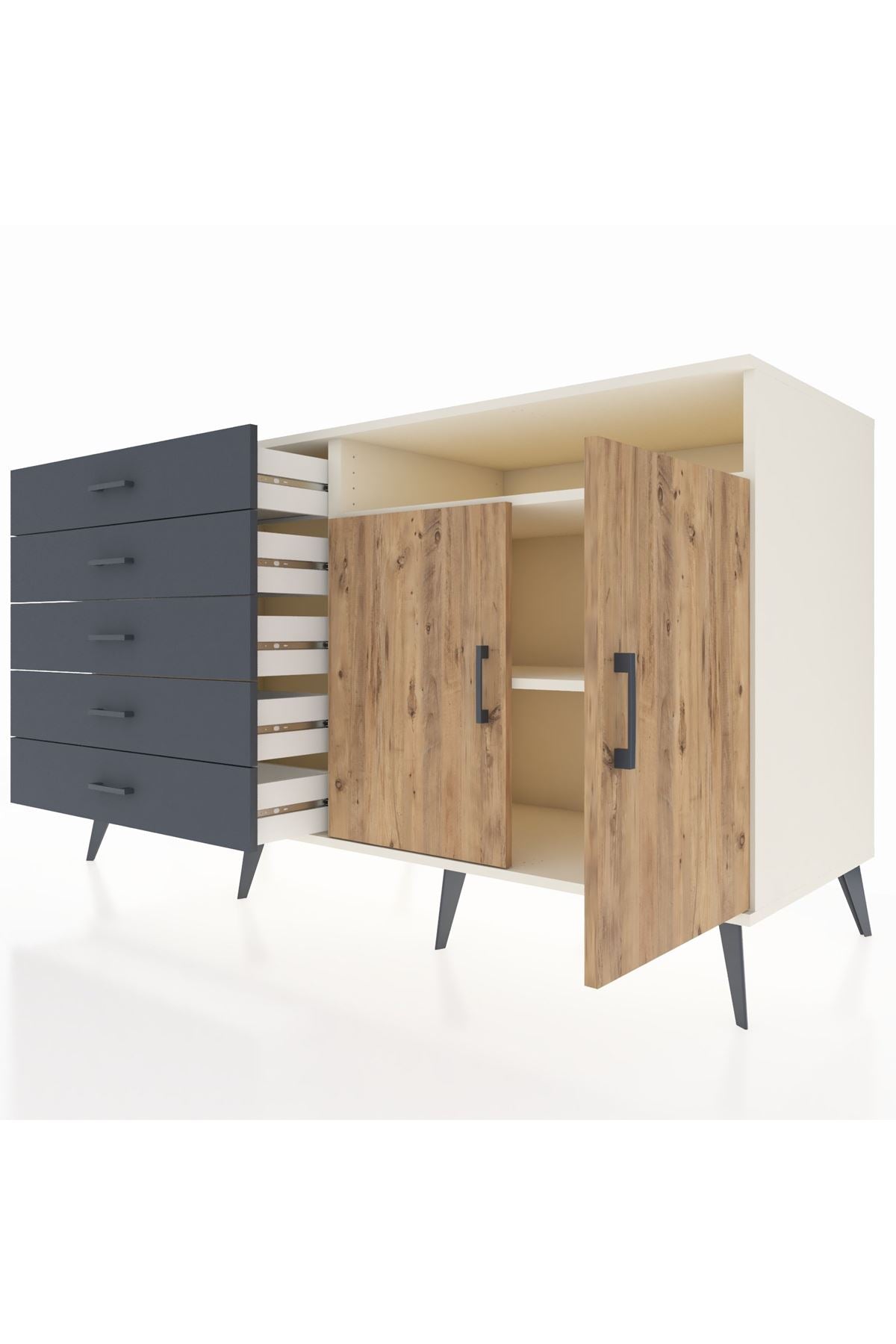 Kronos Konsol 2 Raflı 5 Çekmeceli 2 Kapaklı 176x59x99 Aytaşı-Çam/Antrasit