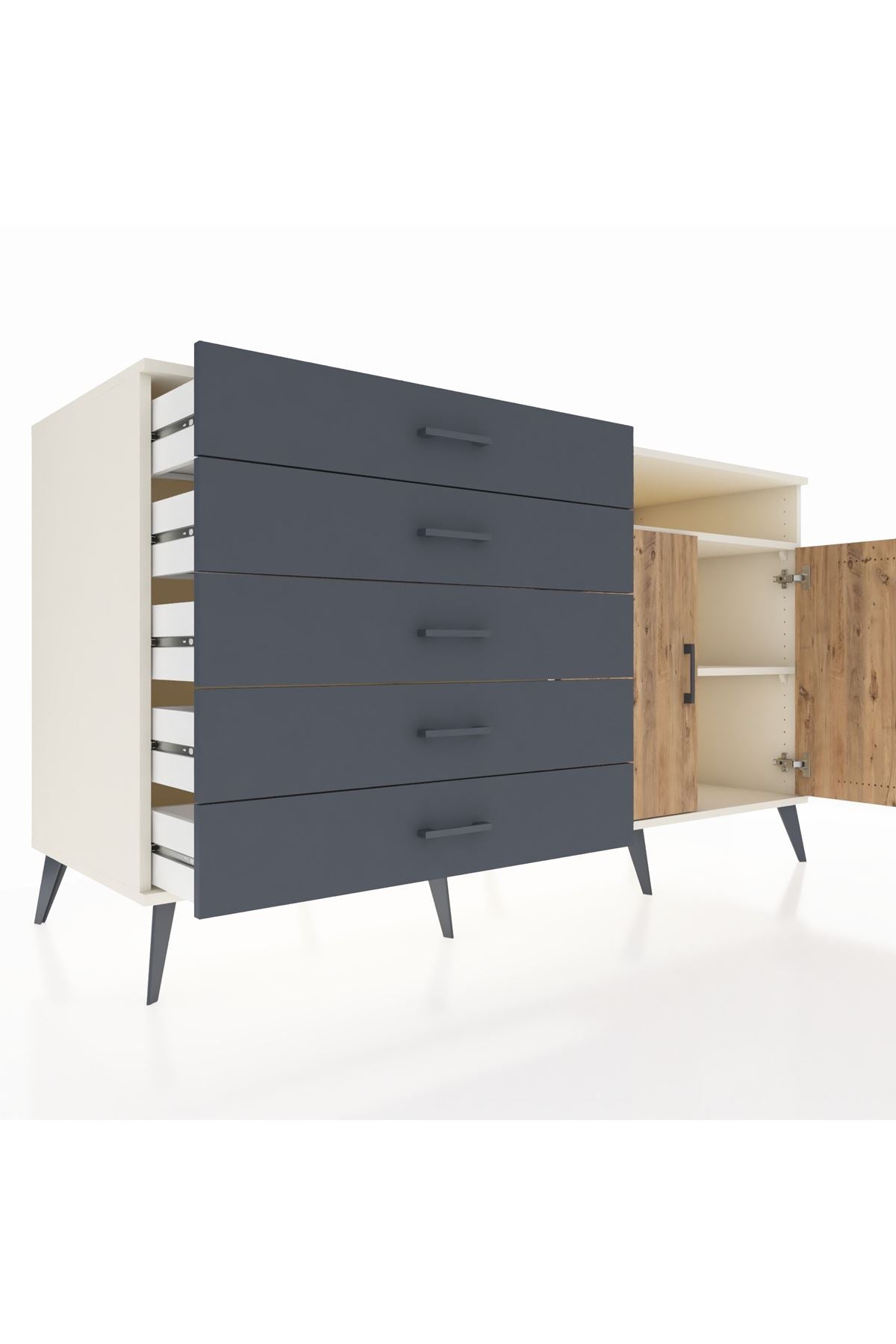 Kronos Konsol 2 Raflı 5 Çekmeceli 2 Kapaklı 176x59x99 Aytaşı-Çam/Antrasit