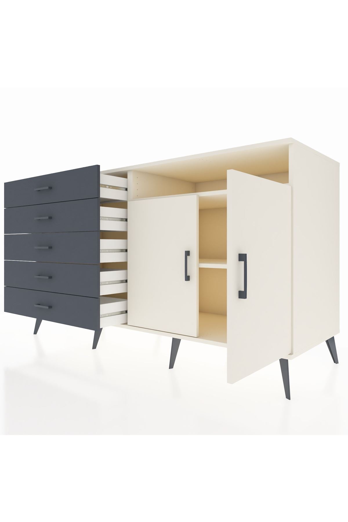 Kronos Konsol 2 Raflı 5 Çekmeceli 2 Kapaklı 176x59x99 Aytaşı-Aytaşı/Antrasit