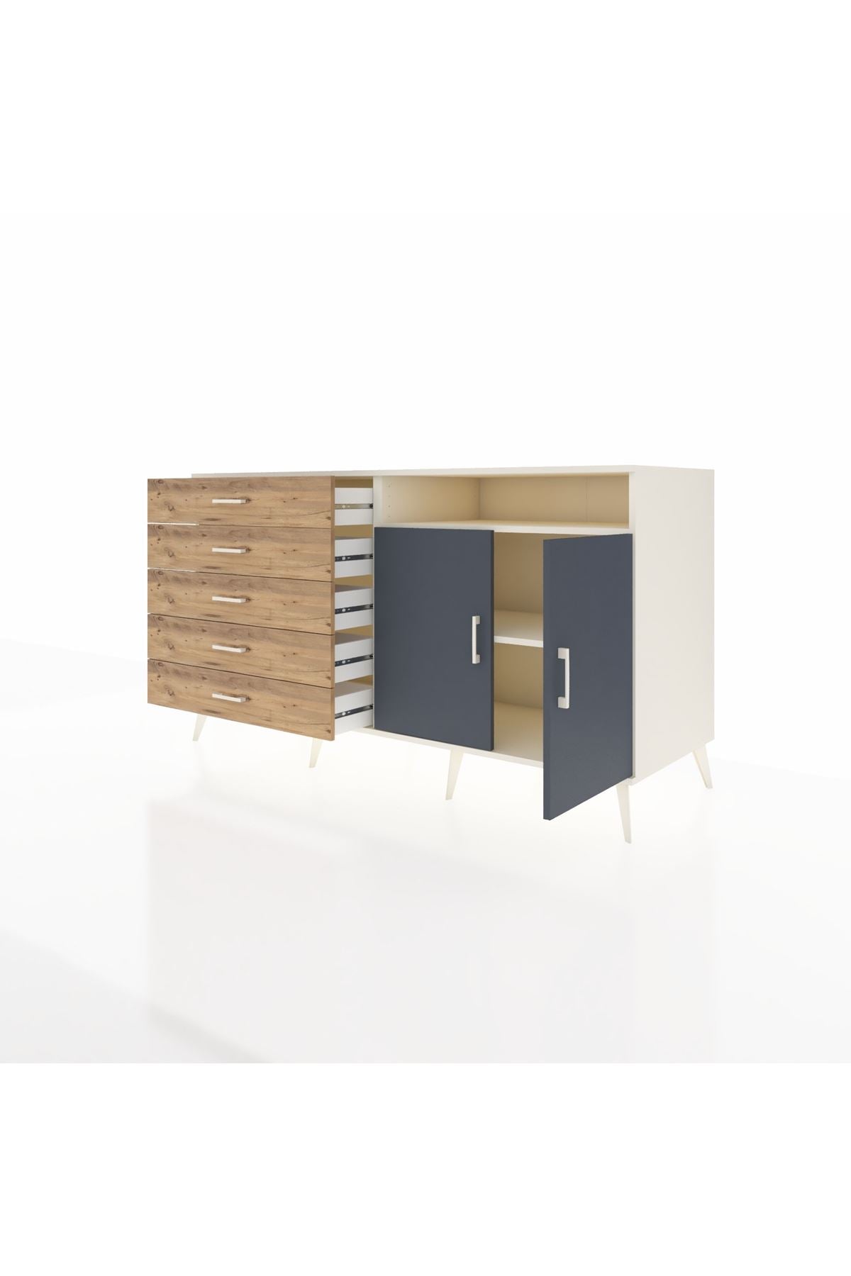 Kronos Konsol 2 Raflı 5 Çekmeceli 2 Kapaklı 176x59x99 Aytaşı-Antrasit/Çam