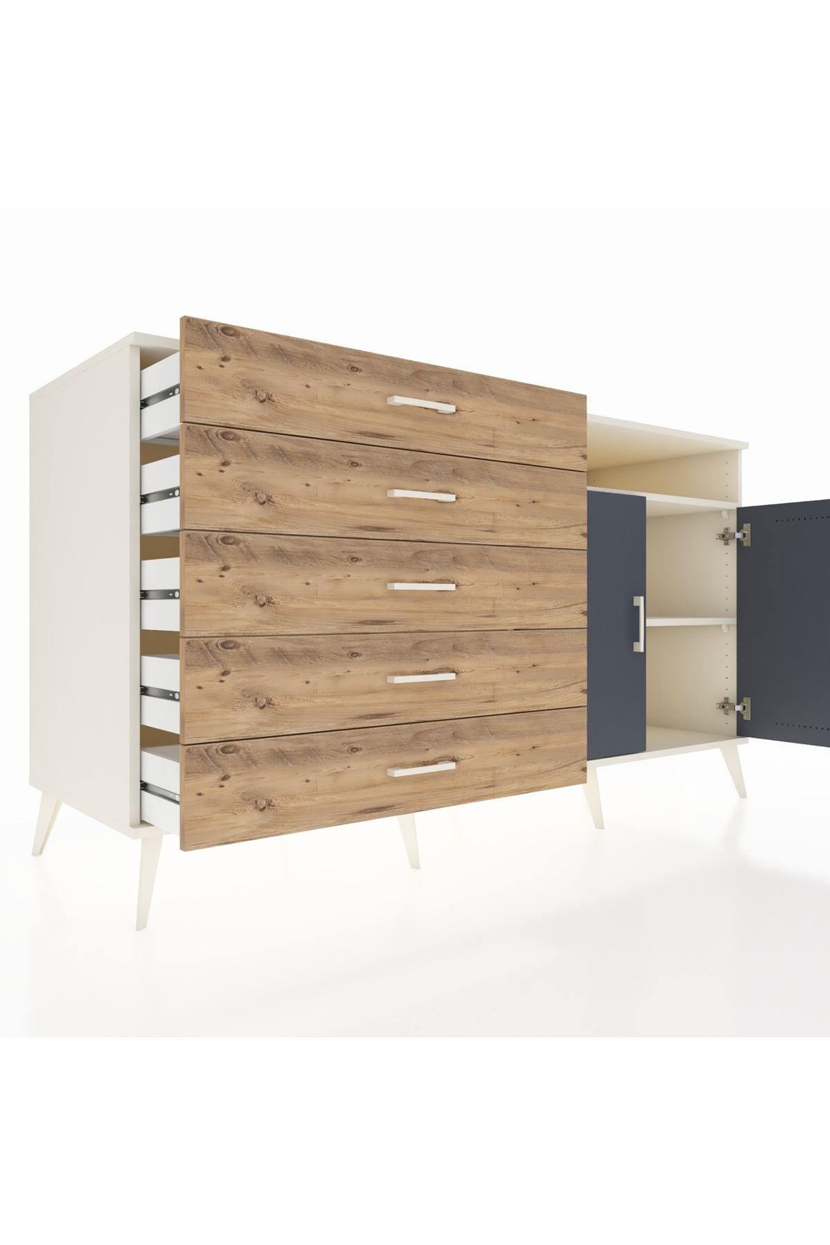 Kronos Konsol 2 Raflı 5 Çekmeceli 2 Kapaklı 176x59x99 Aytaşı-Antrasit/Çam