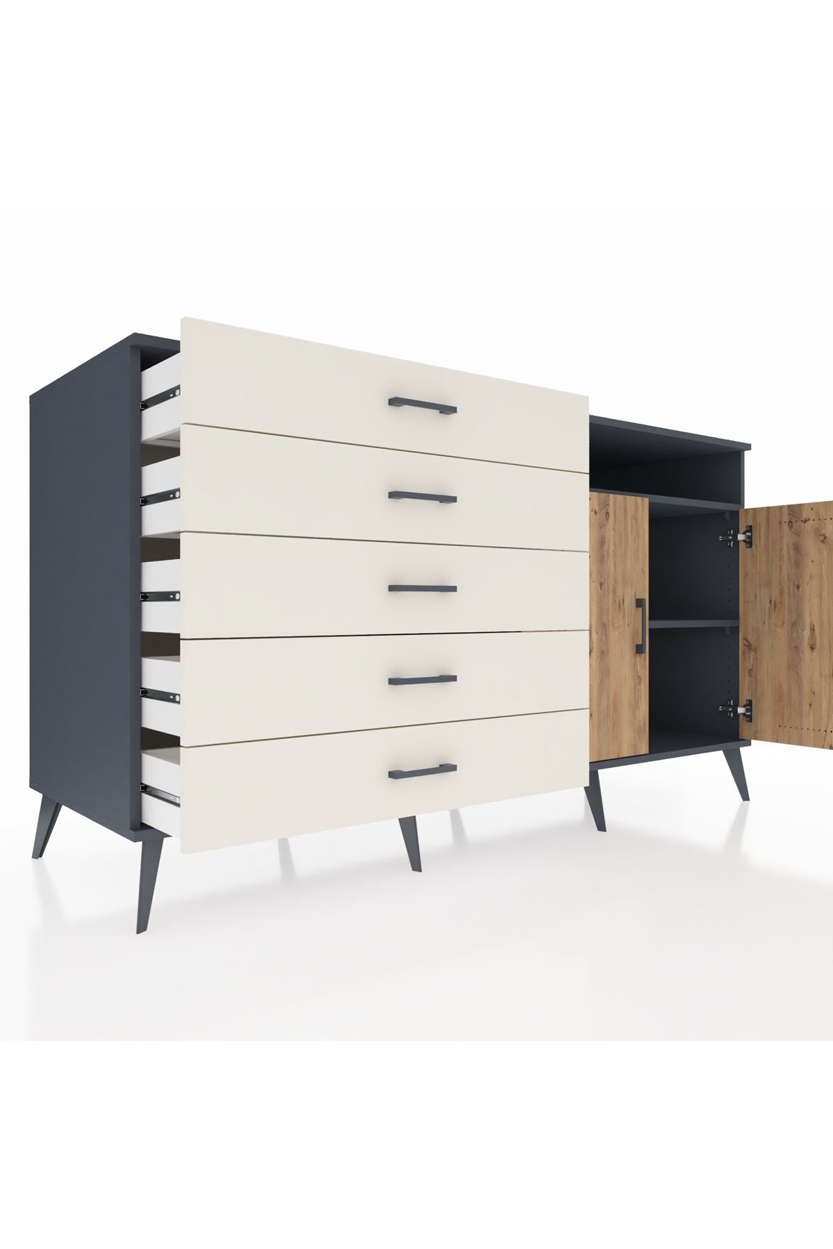 Kronos Konsol 2 Raflı 5 Çekmeceli 2 Kapaklı 176x59x99 Antrasit-Çam/Aytaşı