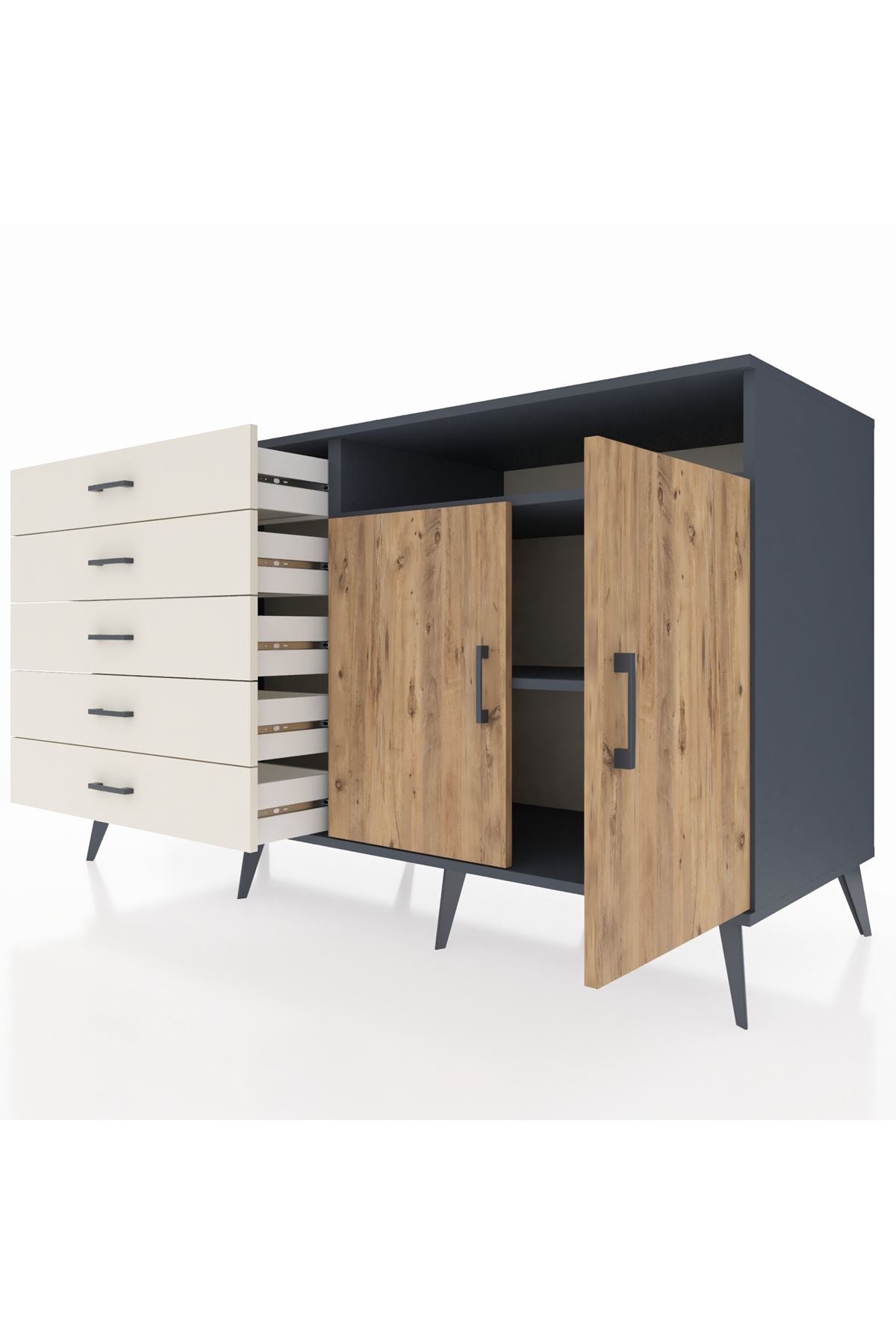 Kronos Konsol 2 Raflı 5 Çekmeceli 2 Kapaklı 176x59x99 Antrasit-Çam/Aytaşı