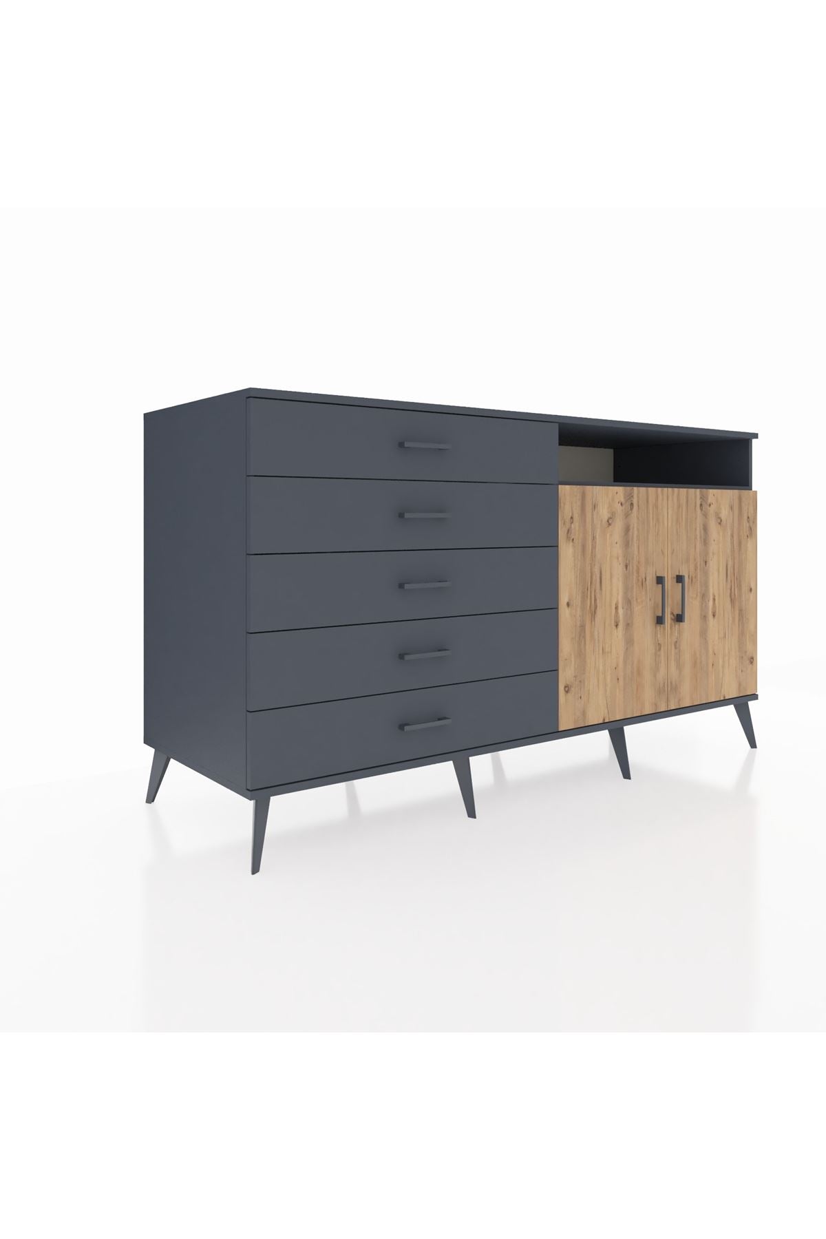 Kronos Konsol 2 Raflı 5 Çekmeceli 2 Kapaklı 176x59x99 Antrasit-Çam/Antrasit