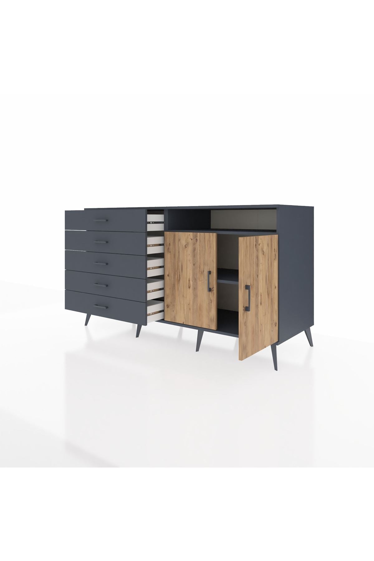 Kronos Konsol 2 Raflı 5 Çekmeceli 2 Kapaklı 176x59x99 Antrasit-Çam/Antrasit