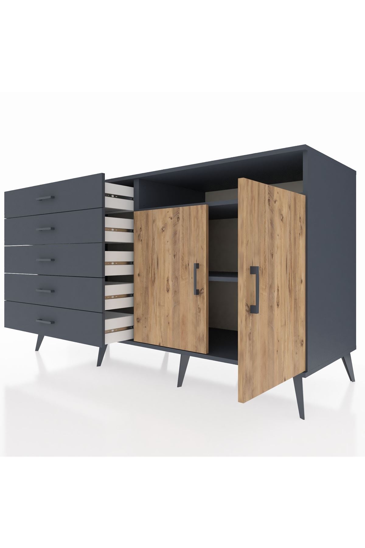 Kronos Konsol 2 Raflı 5 Çekmeceli 2 Kapaklı 176x59x99 Antrasit-Çam/Antrasit