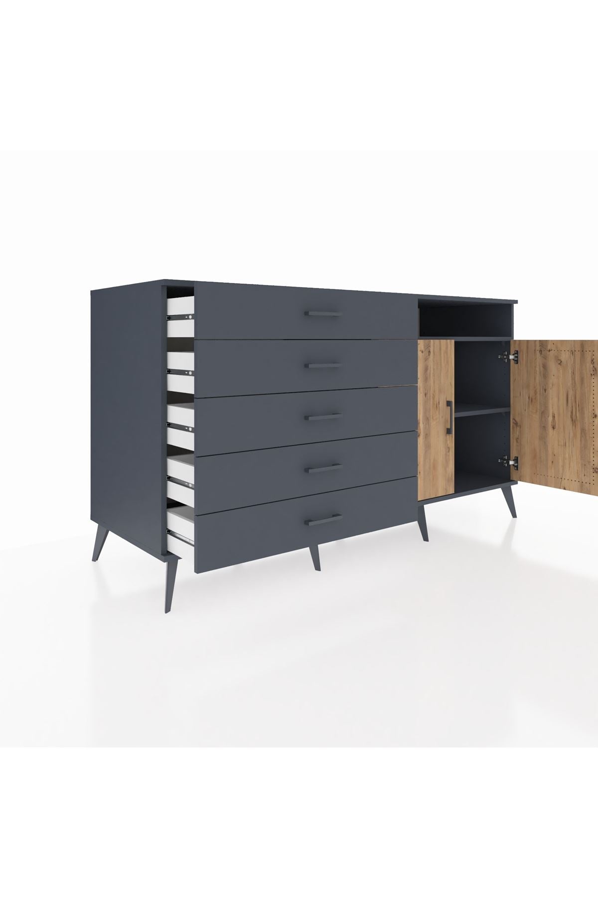 Kronos Konsol 2 Raflı 5 Çekmeceli 2 Kapaklı 176x59x99 Antrasit-Çam/Antrasit