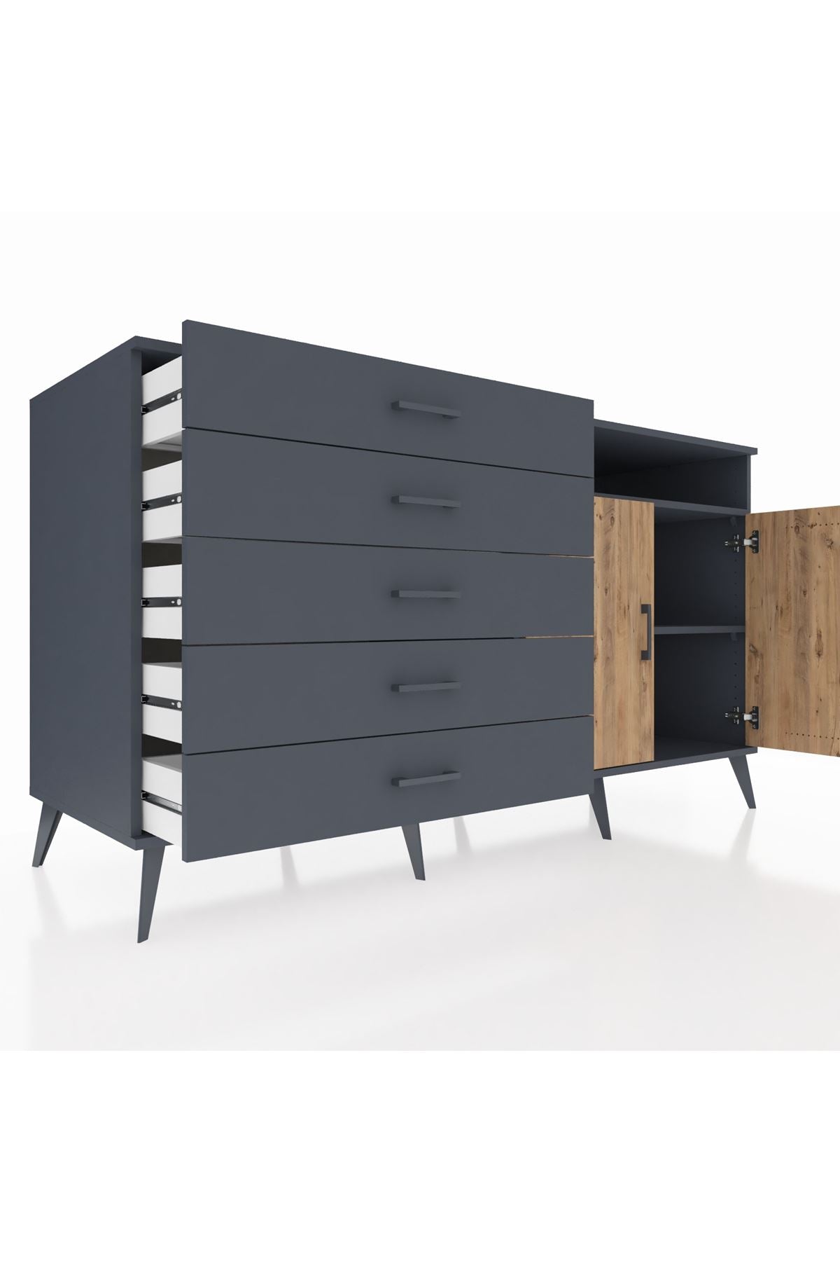 Kronos Konsol 2 Raflı 5 Çekmeceli 2 Kapaklı 176x59x99 Antrasit-Çam/Antrasit