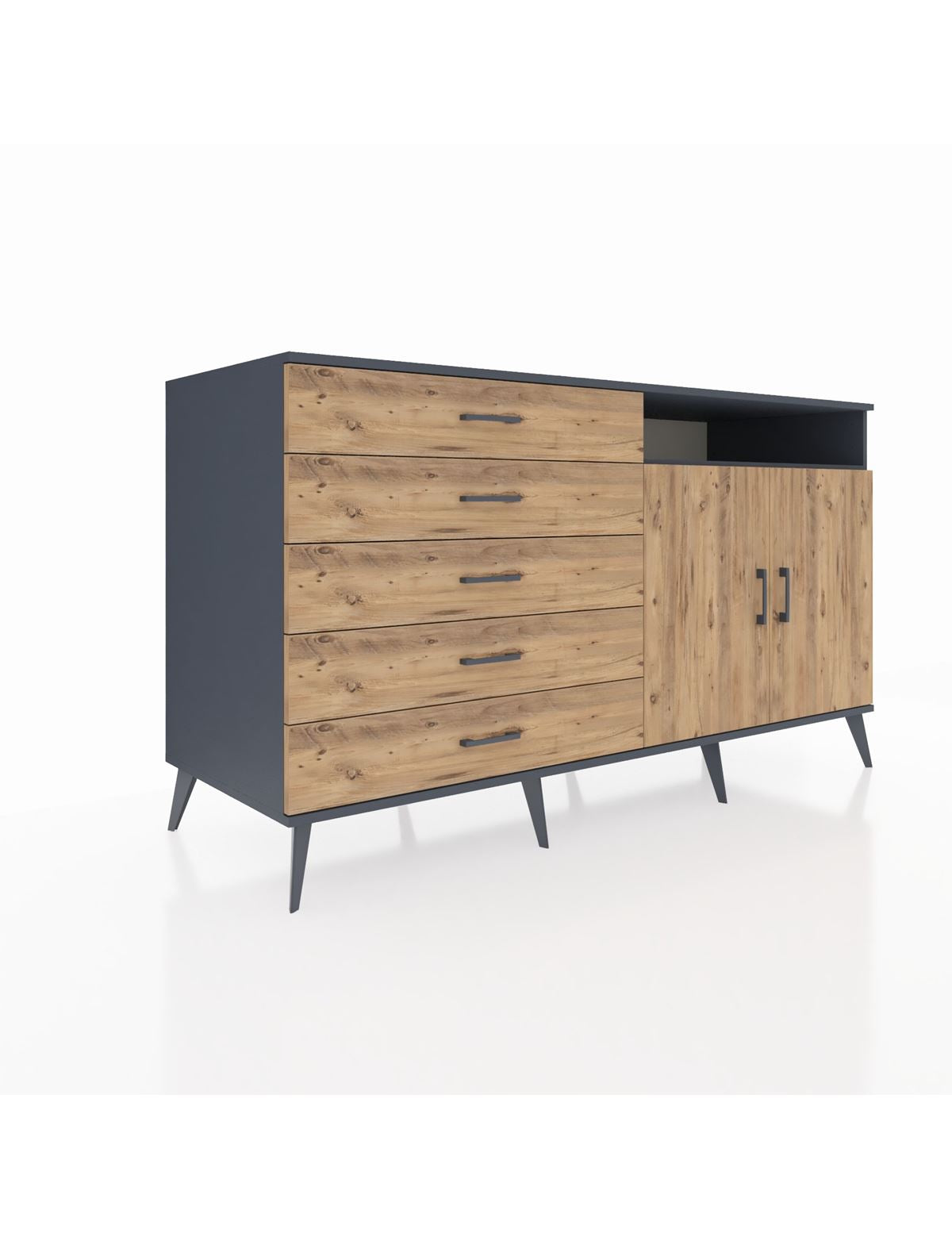 Kronos Konsol 2 Raflı 5 Çekmeceli 2 Kapaklı 176x59x99 Antrasit-Çam