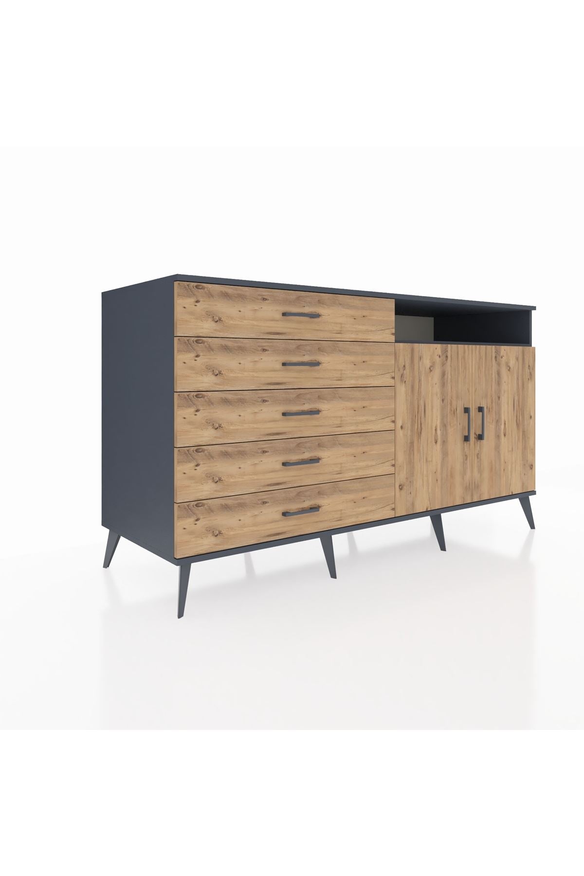 Kronos Konsol 2 Raflı 5 Çekmeceli 2 Kapaklı 176x59x99 Antrasit-Çam