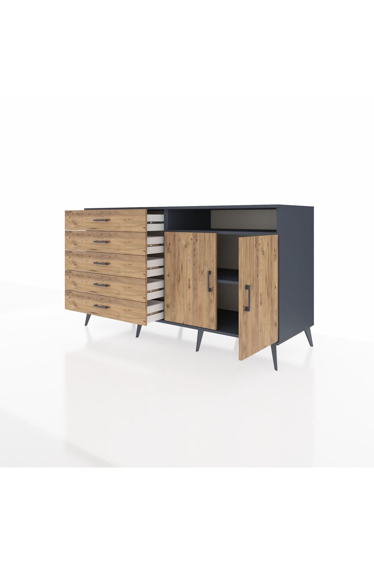 Kronos Konsol 2 Raflı 5 Çekmeceli 2 Kapaklı 176x59x99 Antrasit-Çam