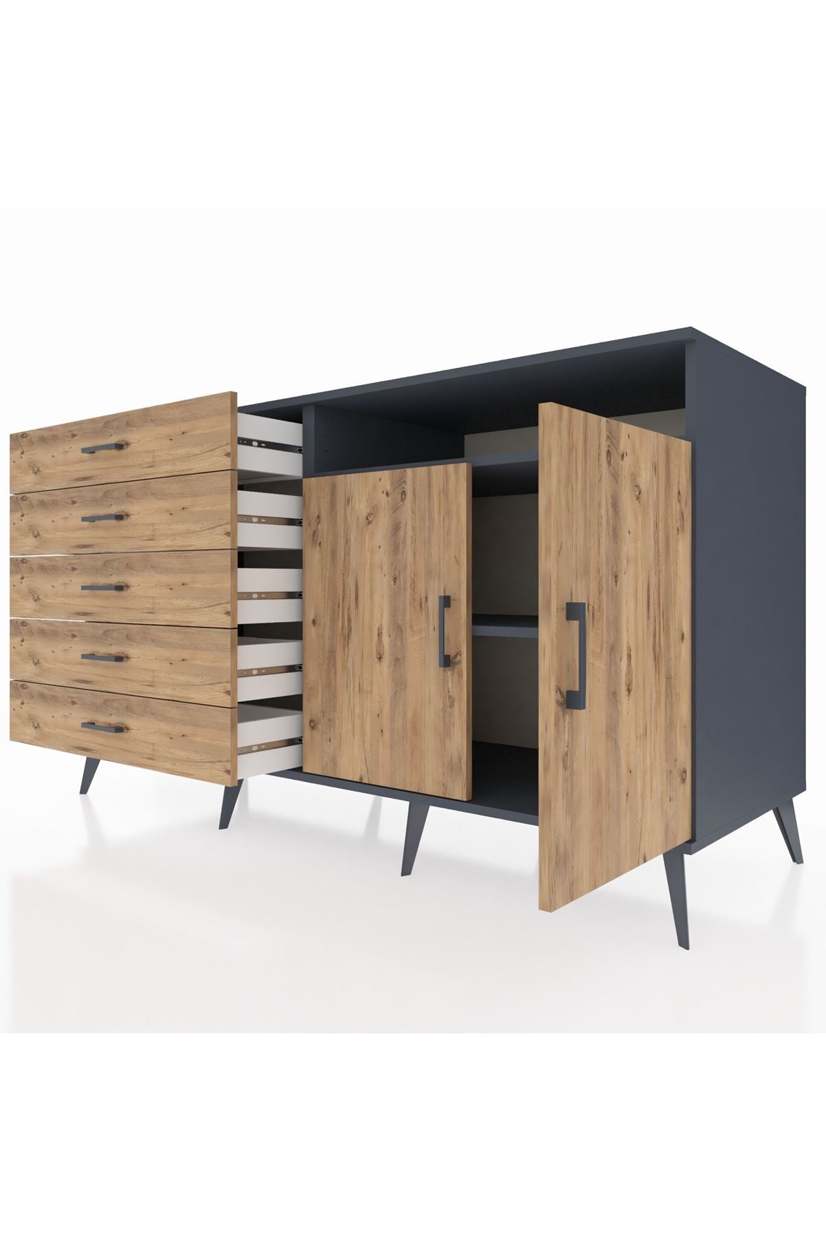 Kronos Konsol 2 Raflı 5 Çekmeceli 2 Kapaklı 176x59x99 Antrasit-Çam