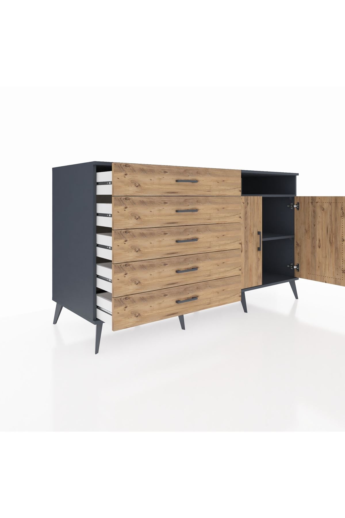 Kronos Konsol 2 Raflı 5 Çekmeceli 2 Kapaklı 176x59x99 Antrasit-Çam