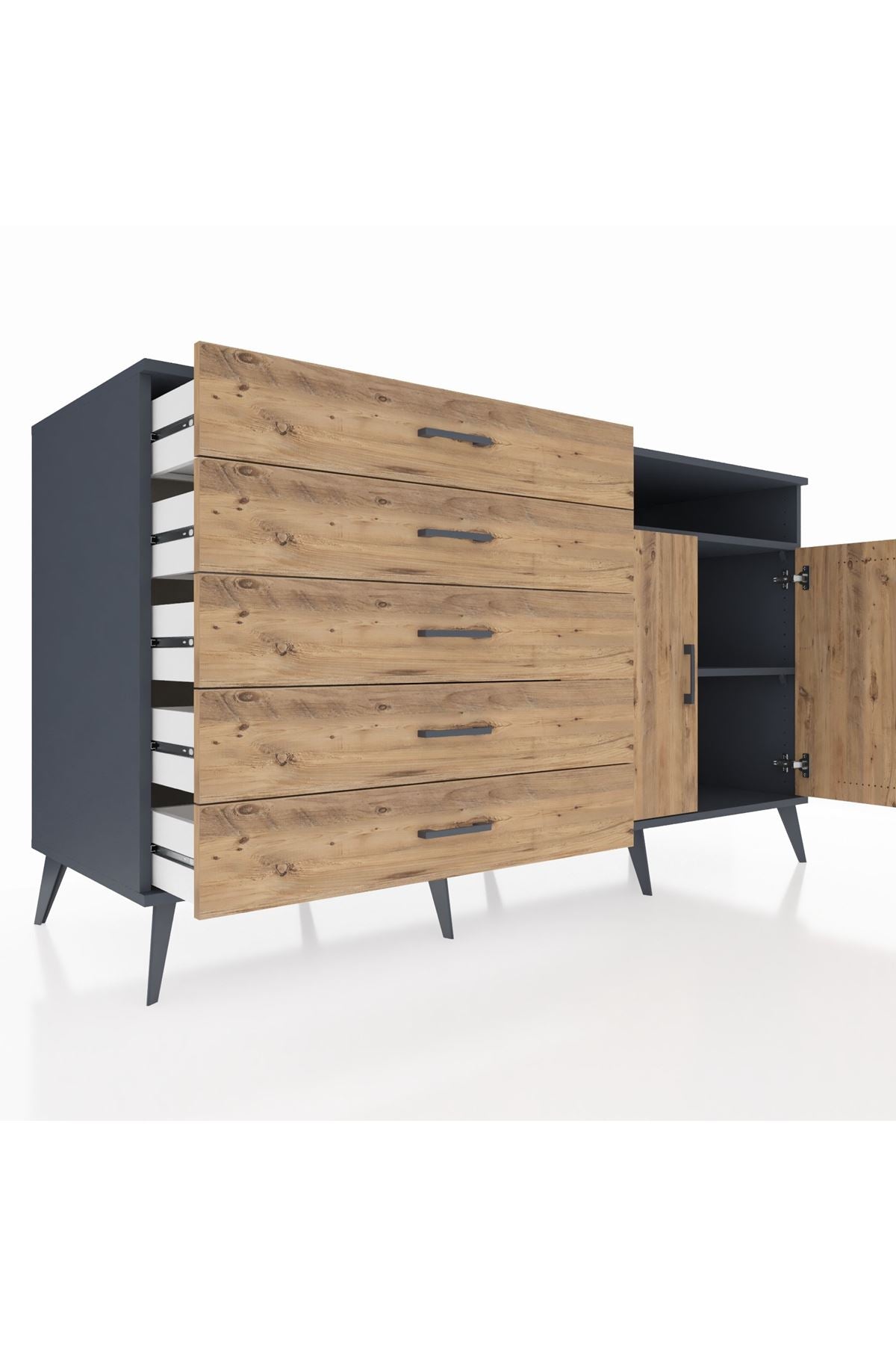 Kronos Konsol 2 Raflı 5 Çekmeceli 2 Kapaklı 176x59x99 Antrasit-Çam