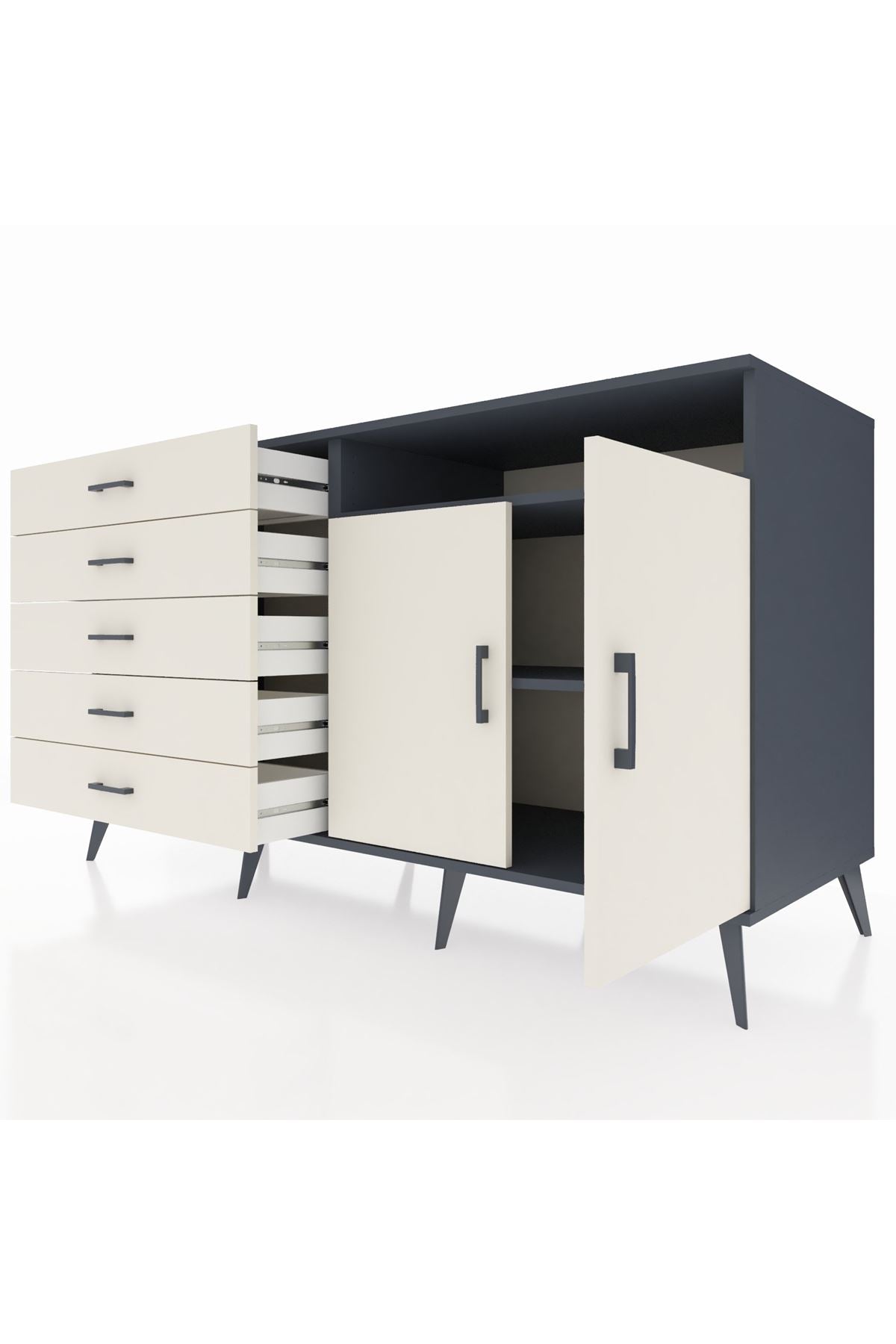 Kronos Konsol 2 Raflı 5 Çekmeceli 2 Kapaklı 176x59x99 Antrasit-Aytaşı