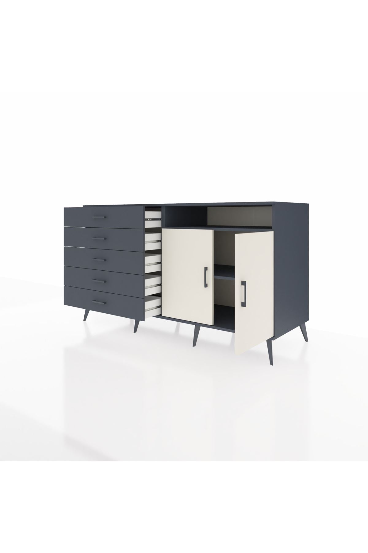 Kronos Konsol 2 Raflı 5 Çekmeceli 2 Kapaklı 176x59x99 Antrasit-Aytaşı/Antrasit