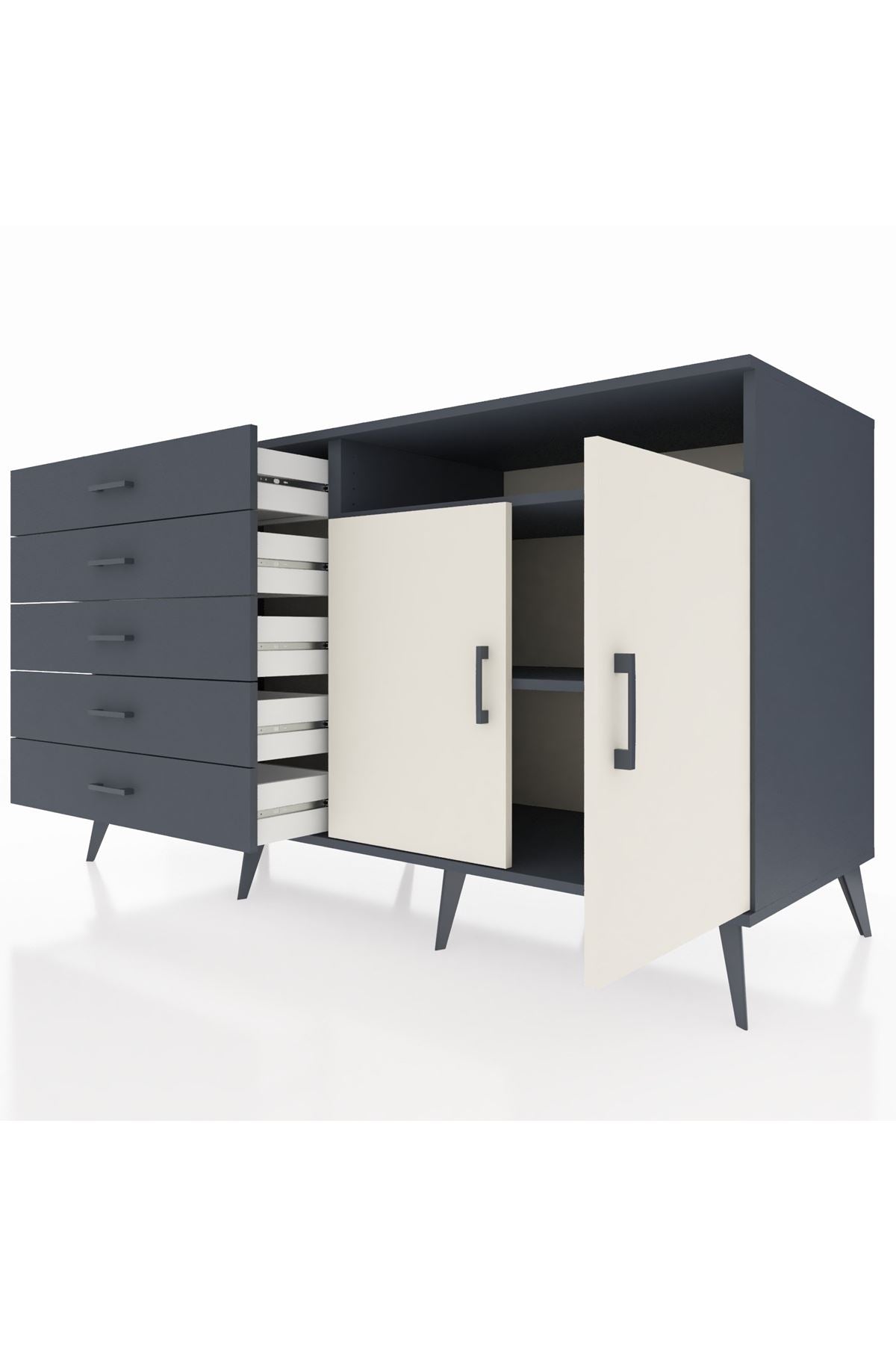 Kronos Konsol 2 Raflı 5 Çekmeceli 2 Kapaklı 176x59x99 Antrasit-Aytaşı/Antrasit