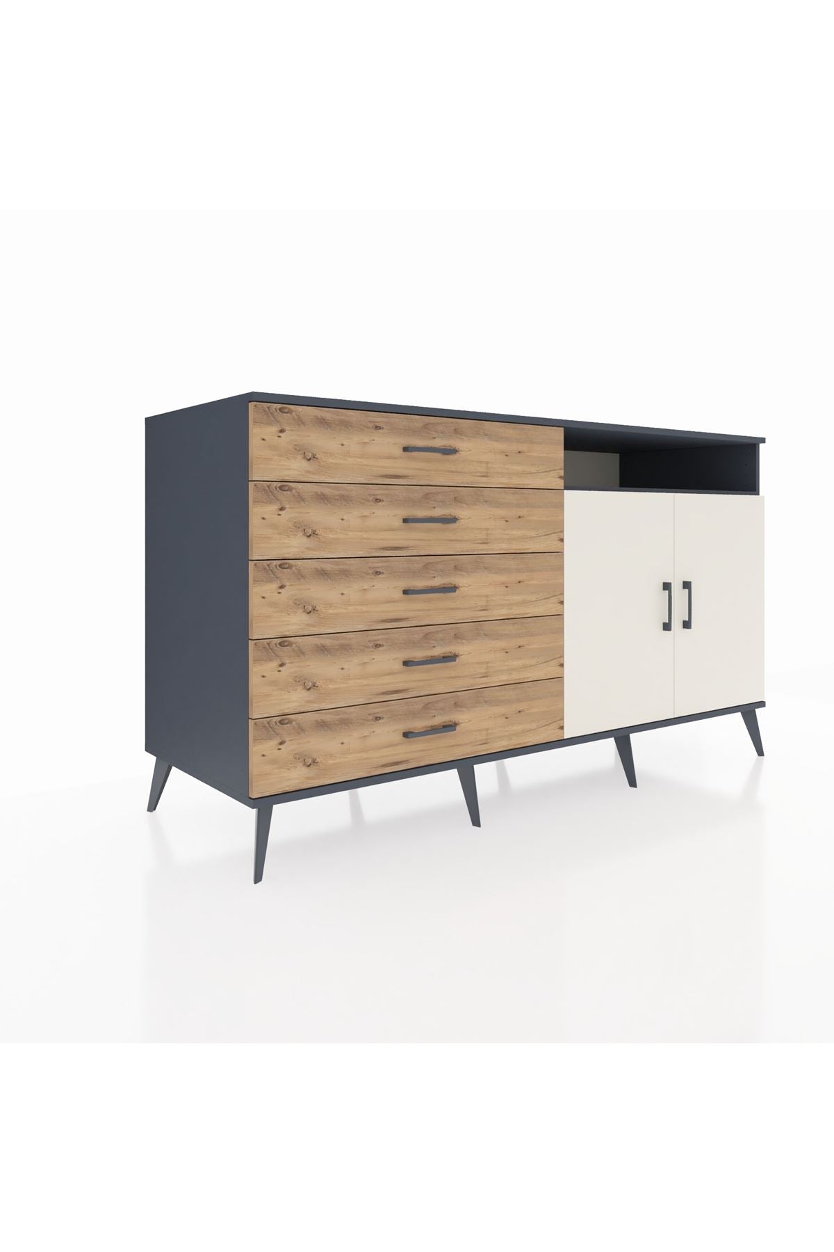 Kronos Konsol 2 Raflı 5 Çekmeceli 2 Kapaklı 176x59x99 Antrasit-Aytaşı/Çam