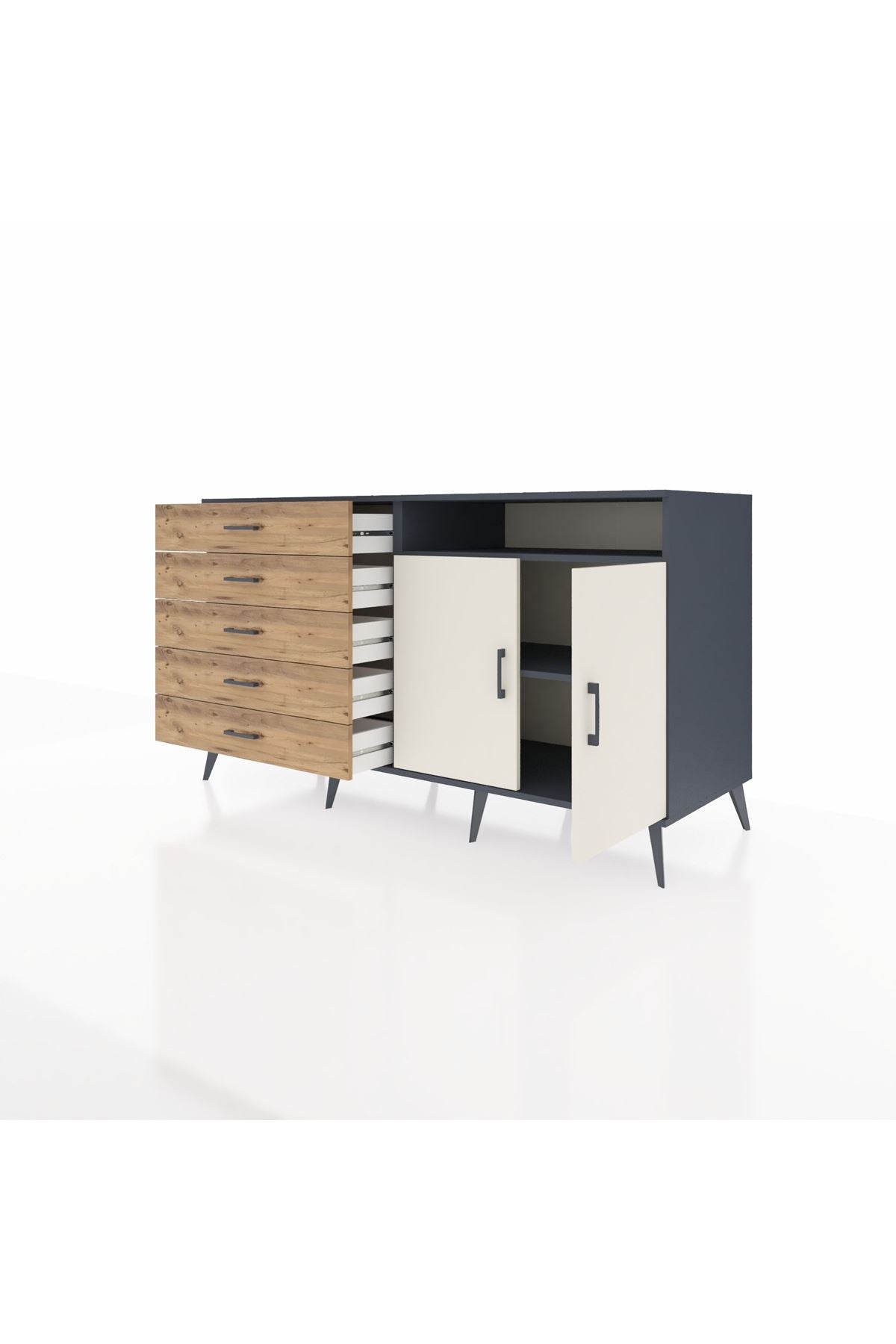 Kronos Konsol 2 Raflı 5 Çekmeceli 2 Kapaklı 176x59x99 Antrasit-Aytaşı/Çam