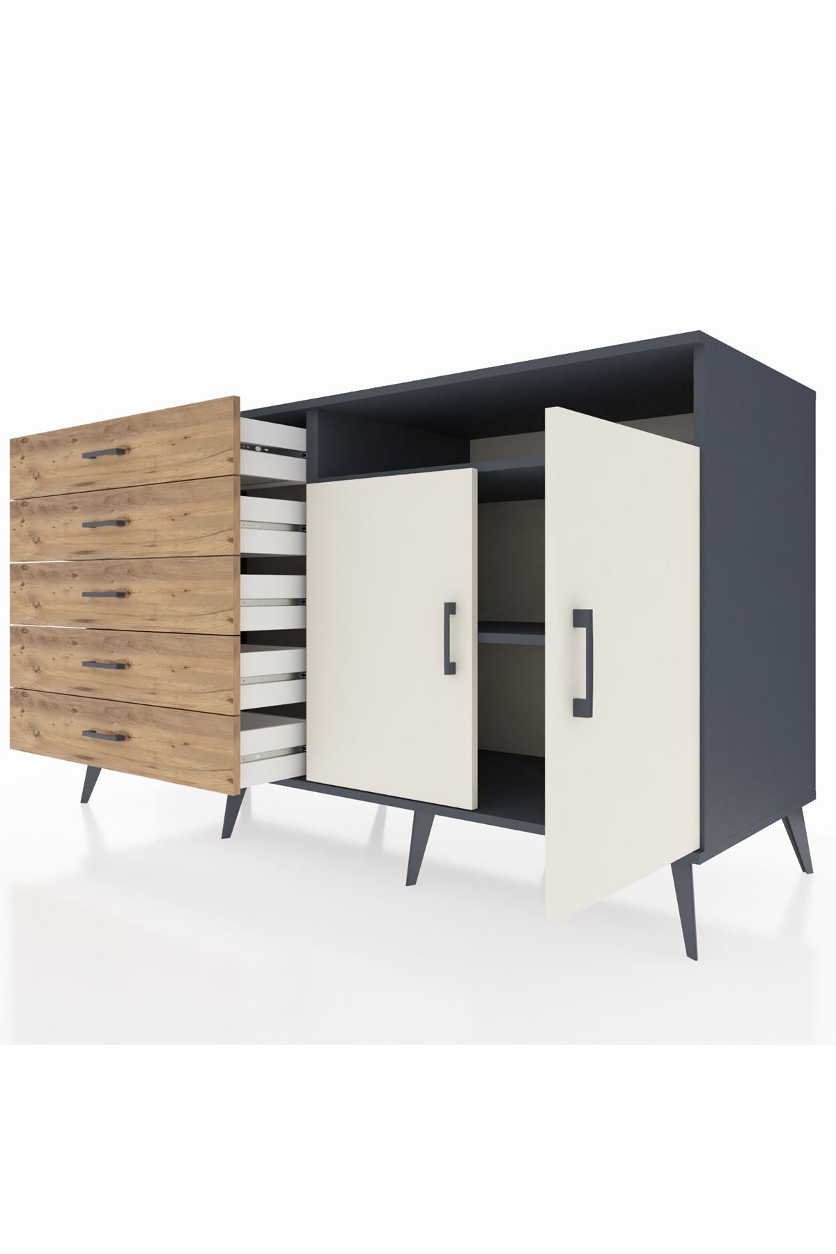 Kronos Konsol 2 Raflı 5 Çekmeceli 2 Kapaklı 176x59x99 Antrasit-Aytaşı/Çam