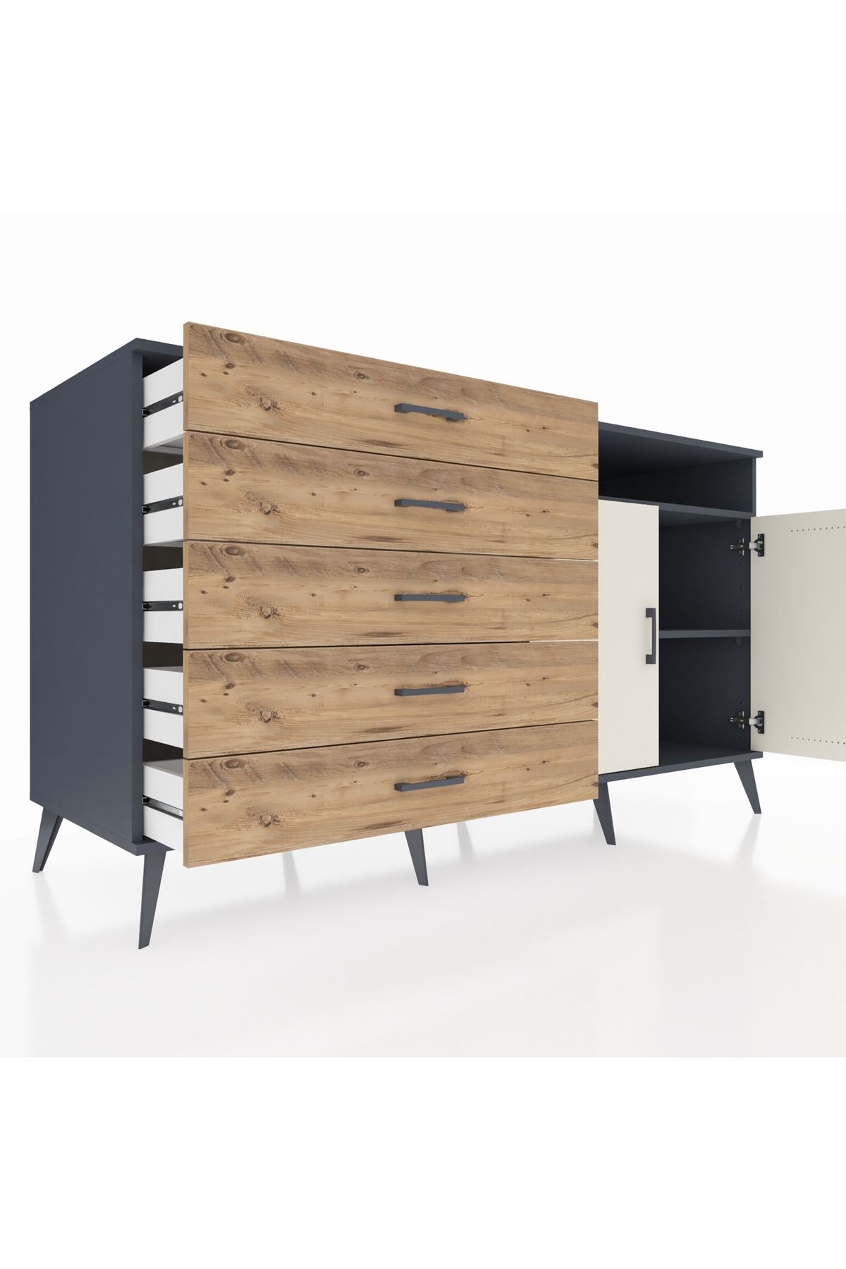 Kronos Konsol 2 Raflı 5 Çekmeceli 2 Kapaklı 176x59x99 Antrasit-Aytaşı/Çam