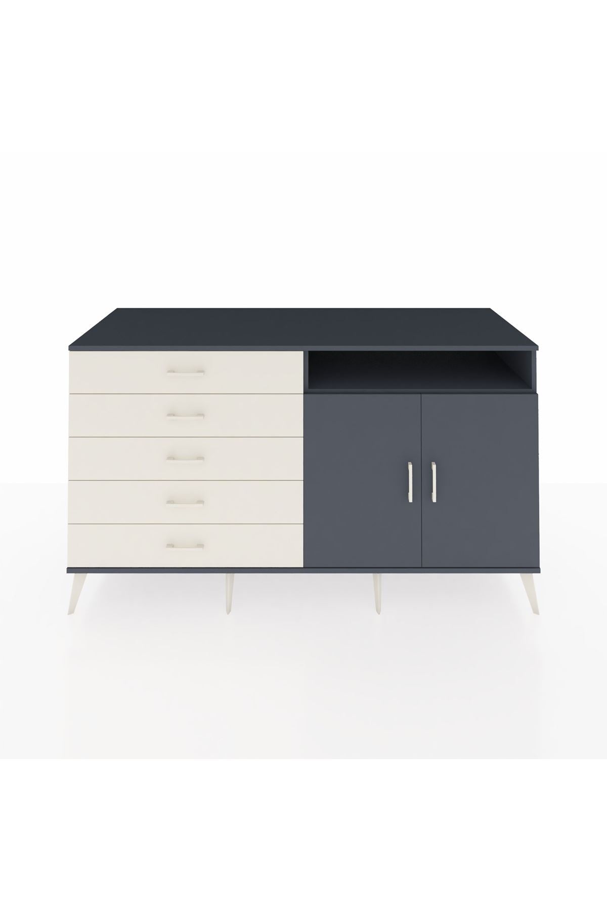 Kronos Konsol 2 Raflı 5 Çekmeceli 2 Kapaklı 176x59x99 Antrasit-Antrasit/Aytaşı