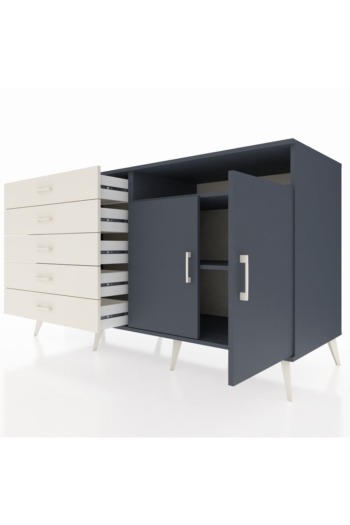 Kronos Konsol 2 Raflı 5 Çekmeceli 2 Kapaklı 176x59x99 Antrasit-Antrasit/Aytaşı