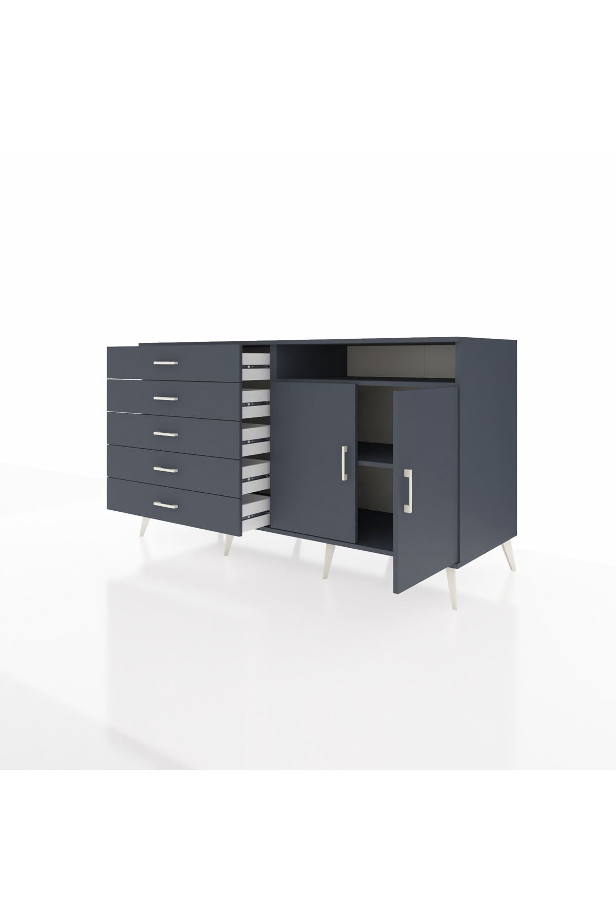 Kronos Konsol 2 Raflı 5 Çekmeceli 2 Kapaklı 176x59x99 Antrasit-Antrasit