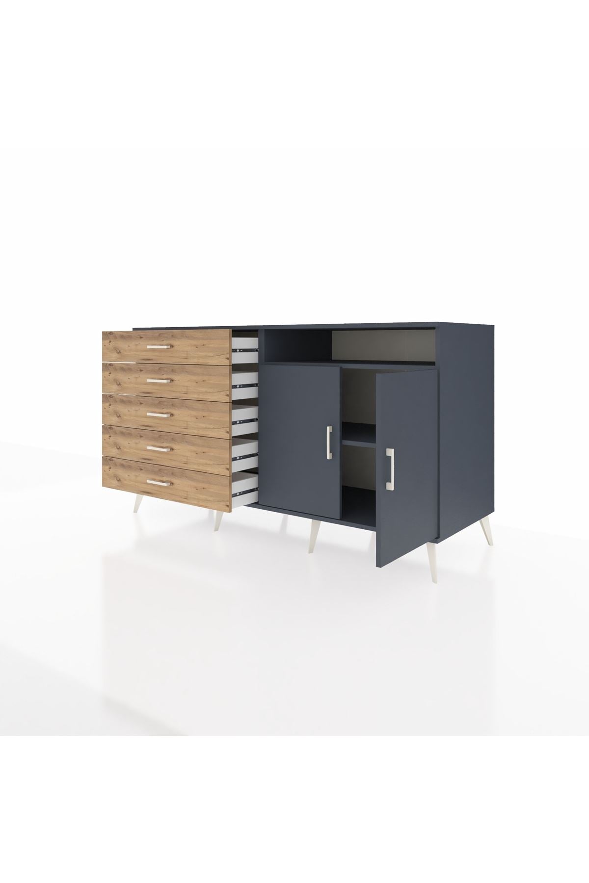 Kronos Konsol 2 Raflı 5 Çekmeceli 2 Kapaklı 176x59x99 Antrasit-Antrasit/Çam